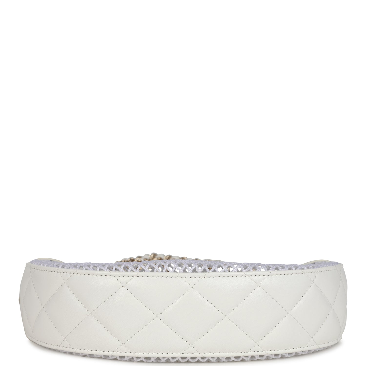 Chanel White Mesh Round Clutch Bag with Light Gold Chain Strap - Perfect for Evening Parties, Weddings & Special Occasions