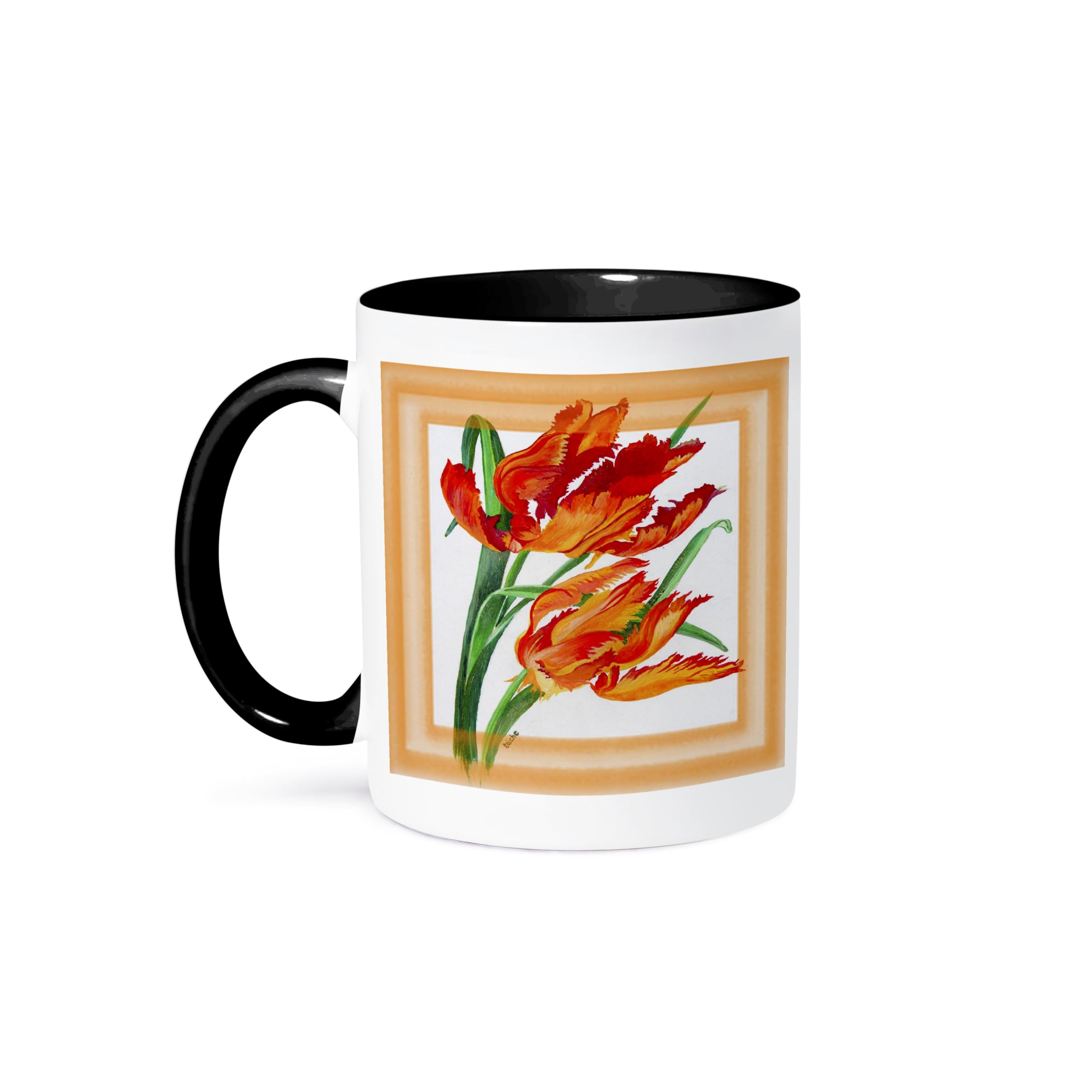 3D Rose 15oz Coffee Mug with Parrot Tulips Floral Painting - Elegant Red Orange Yellow Tulip Design - Funny Coffee Cup Gift for Home, Office & Tea Lovers