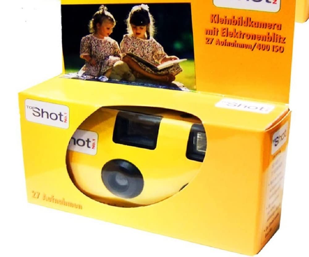 TopShot 1A Yellow Disposable Camera 27 Exposures with Built-in Flash - Perfect for Weddings, Parties, Travel & Events - Includes Batteries (4-Pack)