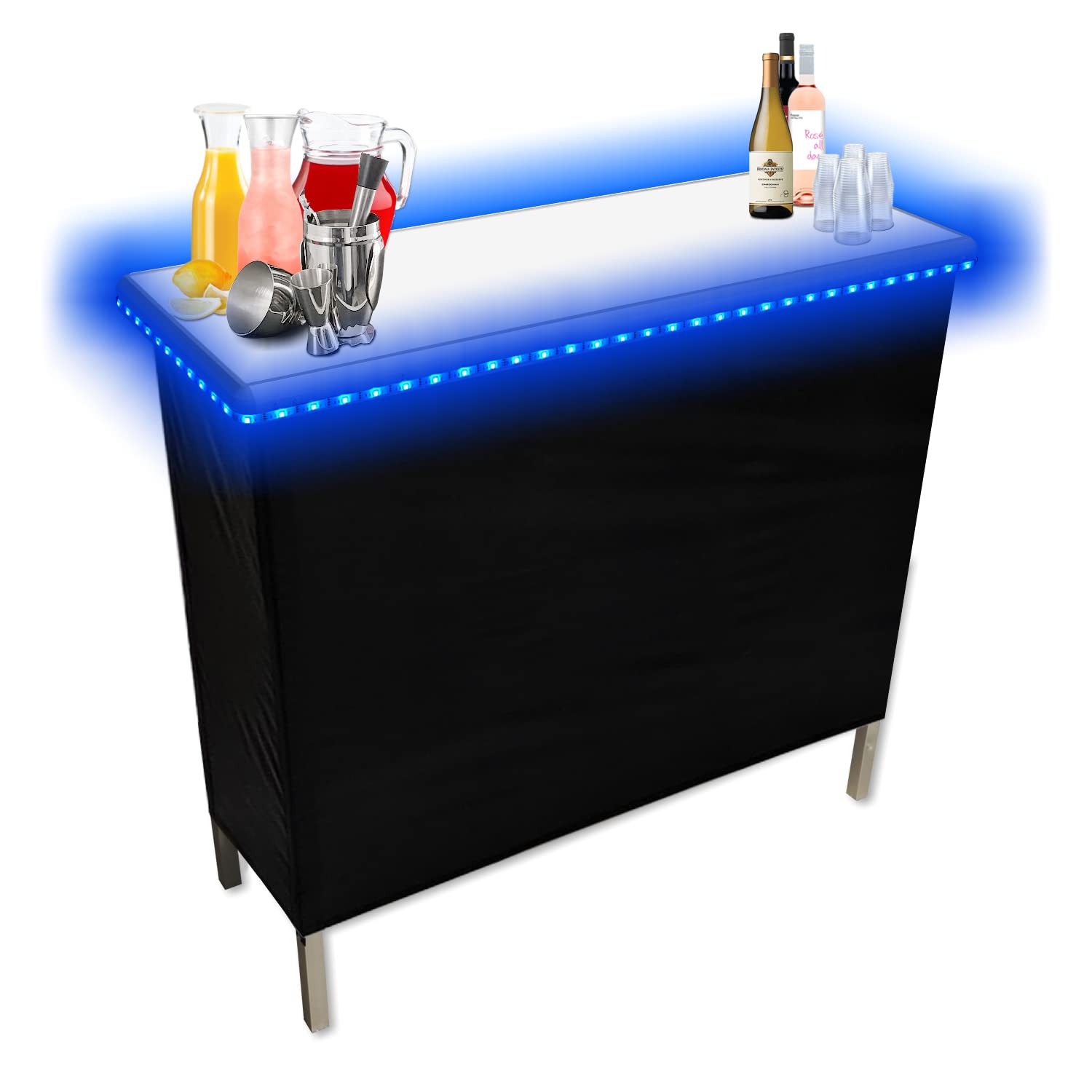 PartyPong Folding Portable Party Bar with LED Lights - Black & Hawaiian Bar Skirts, Storage Shelf & Carrying Case - Perfect for Backyard BBQs, Tailgates, and Outdoor Events