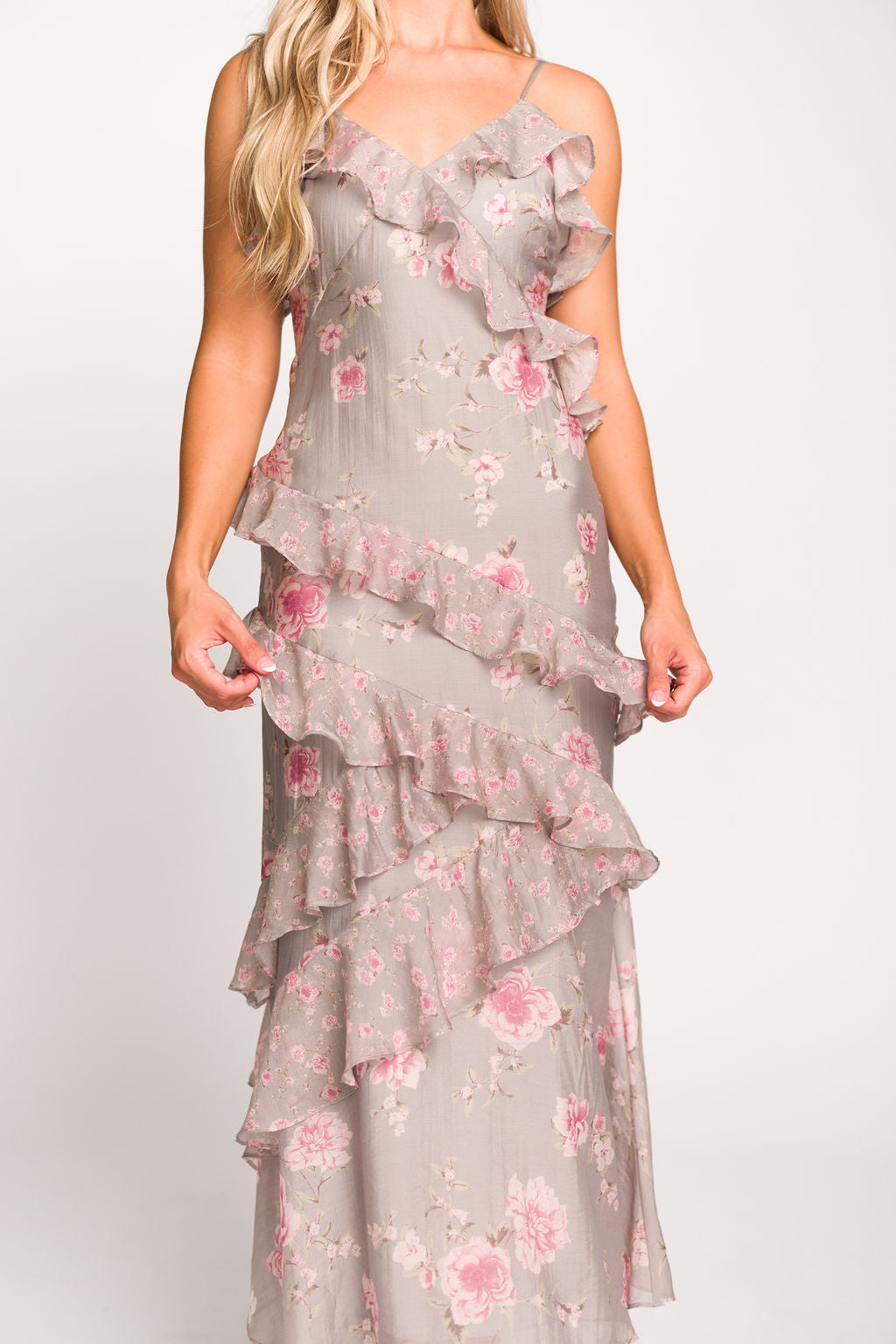 Amelia Ruffle Maxi Dress - Grey & Pink Floral Print Summer Beach Dress for Women | Boho Chic Wedding Guest Outfit & Vacation Dress