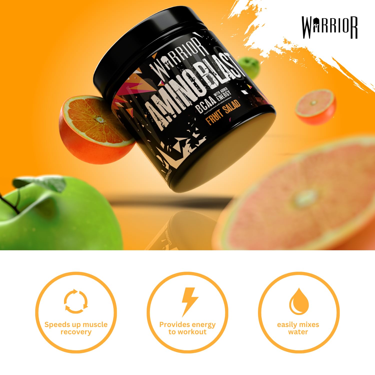 Warrior Amino Blast 270g BCAA Powder - Branched Chain Amino Acids Supplement for Workout & Recovery | Energy Boosting Drink Mix | 30 Servings Fruit Salad Flavor | Pre, Intra & Post Workout Nutrition