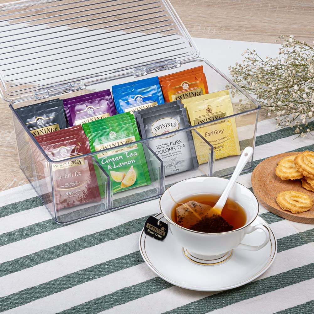 2 Pack Stackable Plastic Tea Bag Organizer - Clear Sugar Packets Storage Box with 8 Grid Compartments for Tea, Coffee & Condiments | Perfect for Kitchen, Office & Restaurant Organization