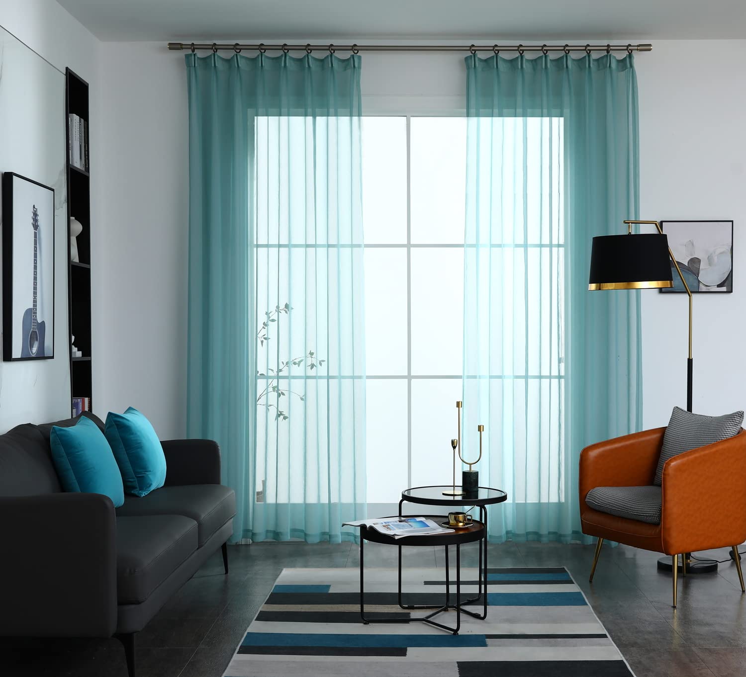 LoyoLady Teal Blue Sheer Curtains 96 Inches Long - 2 Panels Set, Light Filtering Pinch Pleat Window Drapes for Bedroom & Living Room (100