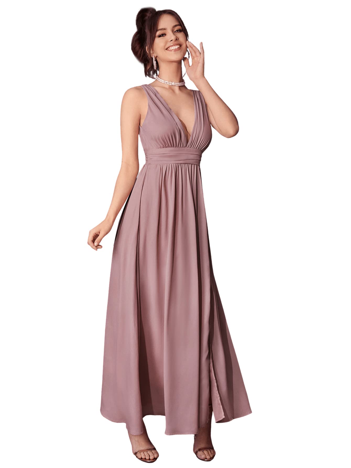 Floerns Women's Sexy Plunging V-Neck Long Dress with Thigh High Slit & Ruched Detail - Elegant A-Line Formal Gown for Prom, Evening Party & Special Occasions