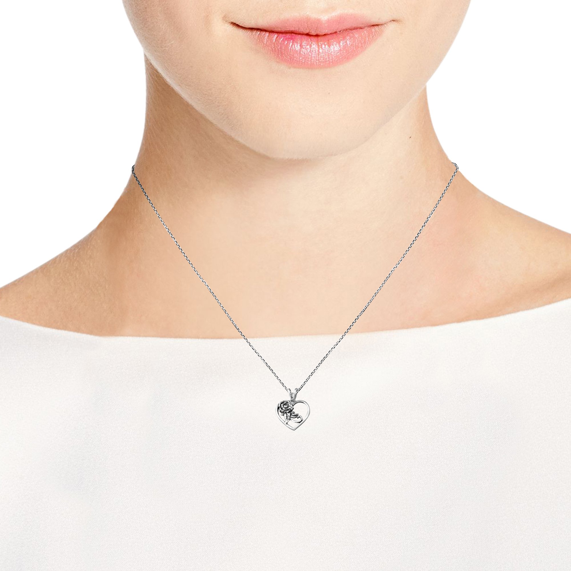 Beautiful .925 Sterling Silver Rose in Heart Pendant Necklace for Women - Perfect Gift for Valentine's Day, Anniversary & Romantic Occasions