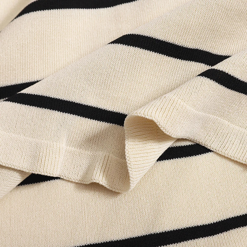 Black Beige Patchwork Stripe Two Piece Set - Women's Summer V Neck Sleeveless Vest Top with Elastic Waist Long Skirt | Casual Outfit for Beach Vacation, Date Night & Summer Parties