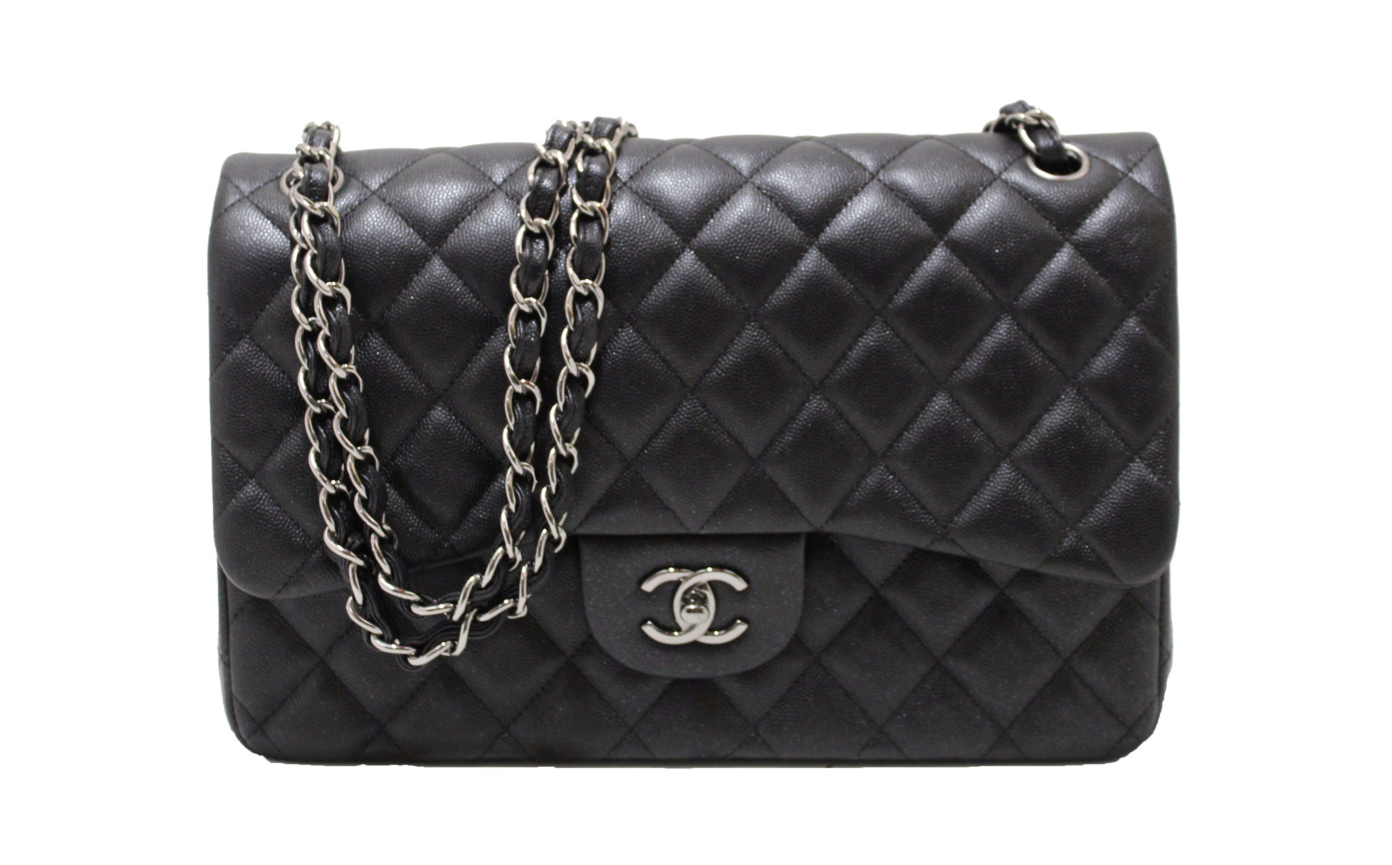 Authentic Chanel Black Iridescent Quilted Caviar Leather Classic Jumbo Double Flap Bag - Luxury Designer Handbag for Women, Perfect for Evening Events, Parties & Special Occasions