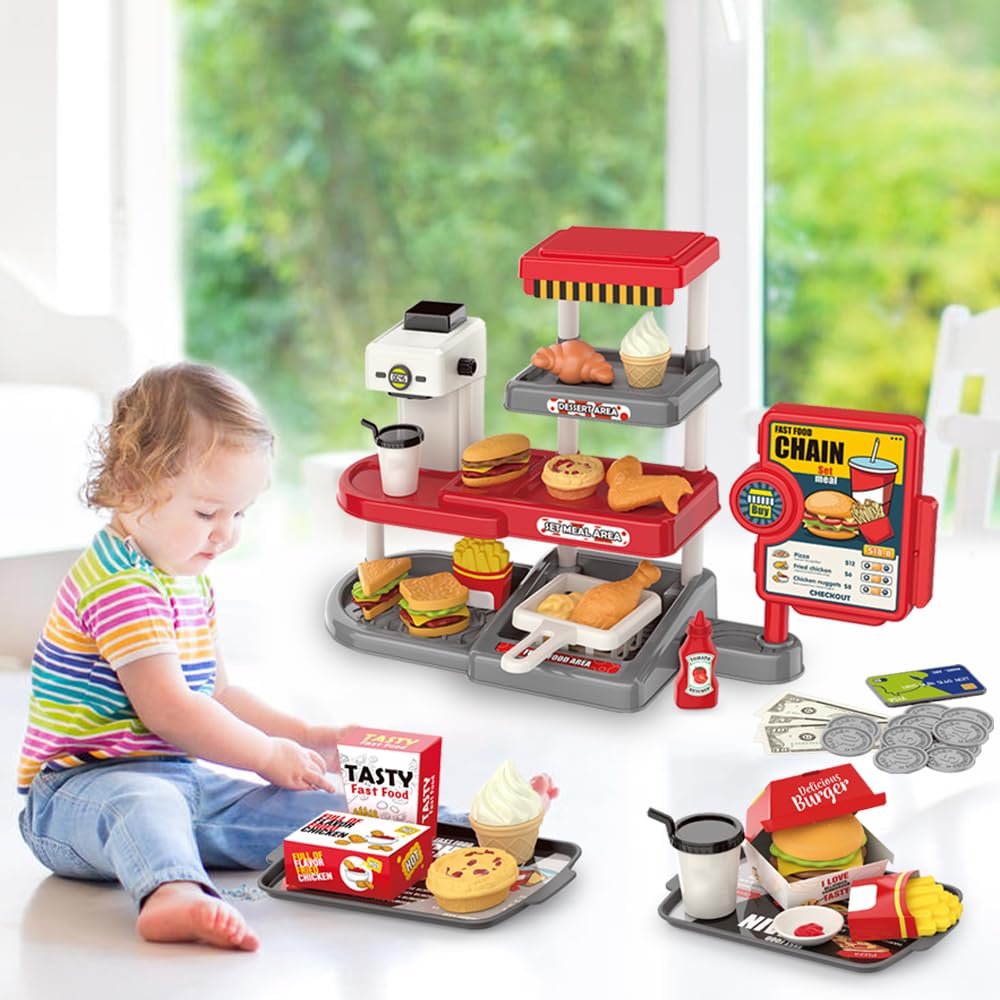 Realistic Fast Food Toy Set with Coffee Maker, Card Reader, Hamburger, Fries & Sandwich - Pretend Play Grocery Store for Kids - Perfect for Role Play, Birthday Gifts & Early Learning