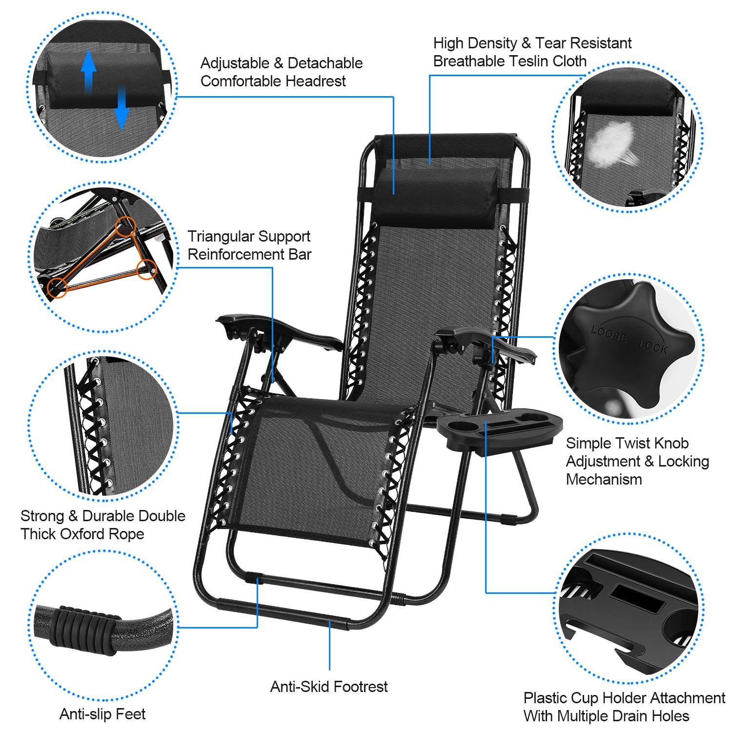 iMounTEK Set of 2 Adjustable Zero-Gravity Reclining Outdoor Lounge Chairs with Pillows & Cup Holder Side Tray - Supports 330lbs - Patio, Porch, Deck, Poolside, Beach, Lawn, Yard Furniture - Black/Blue/Brown/Tan - Perfect for Relaxing, Sunbathing & Outdoor Lounging