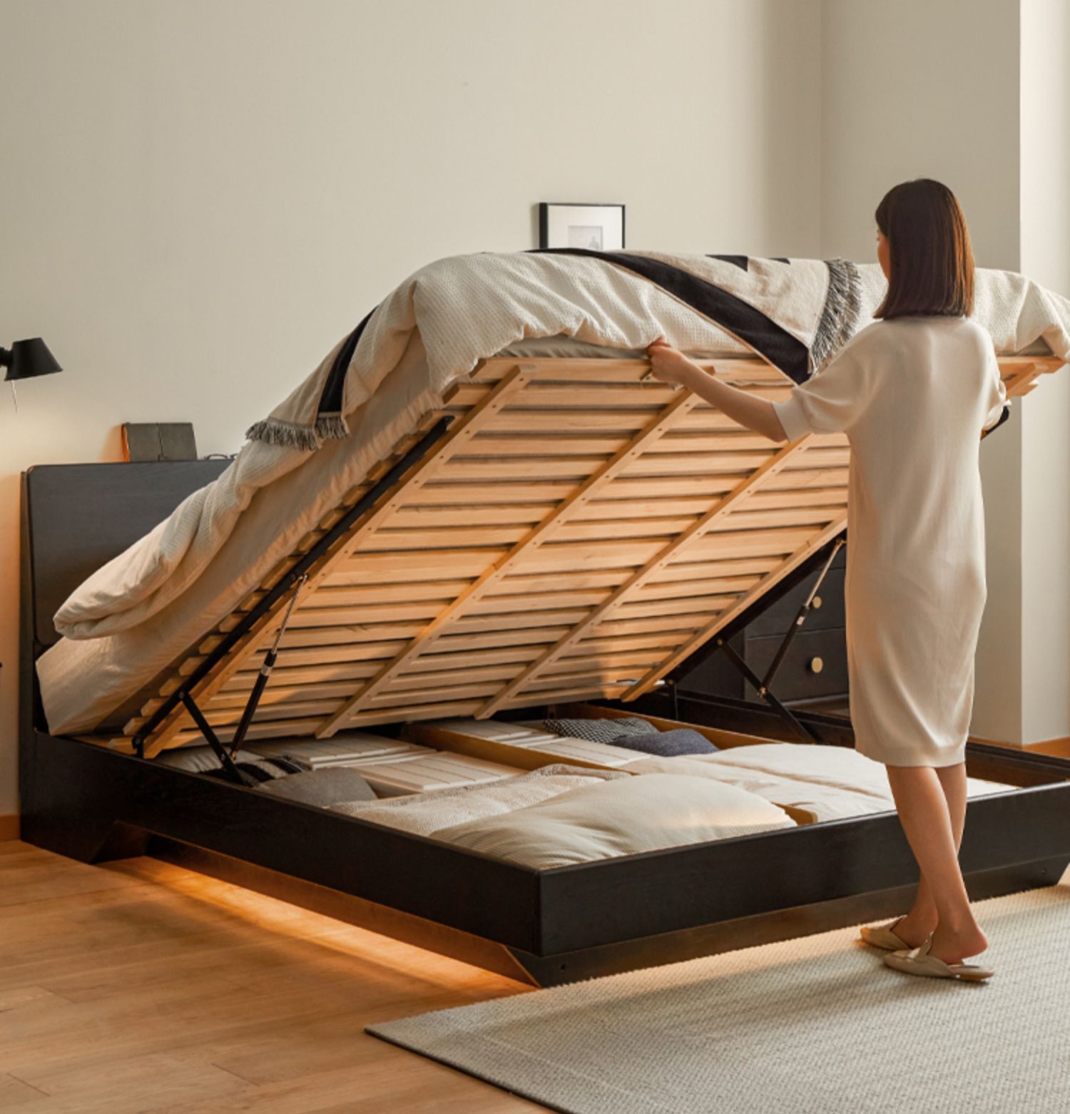 Solid Oak Wood Floating Platform Bed with LED Lights - Modern Smoky Finish for Bedroom, Guest Room, or Studio Apartment