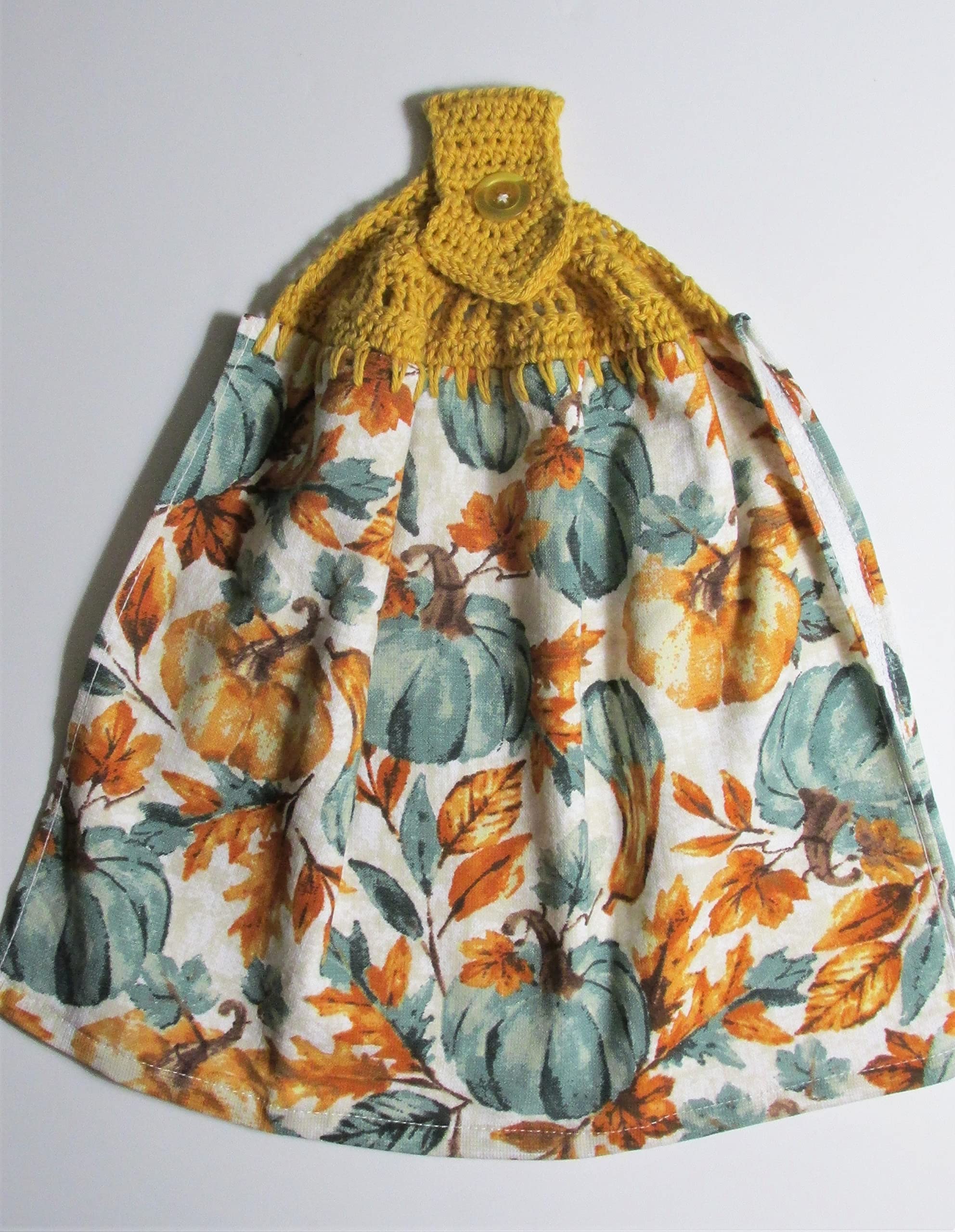 Mustard Cotton Crochet Top with Pumpkins & Gourds Design - Double Layer Fall Hanging Towel for Kitchen Decor, Thanksgiving Table Setting, and Autumn Home Decoration