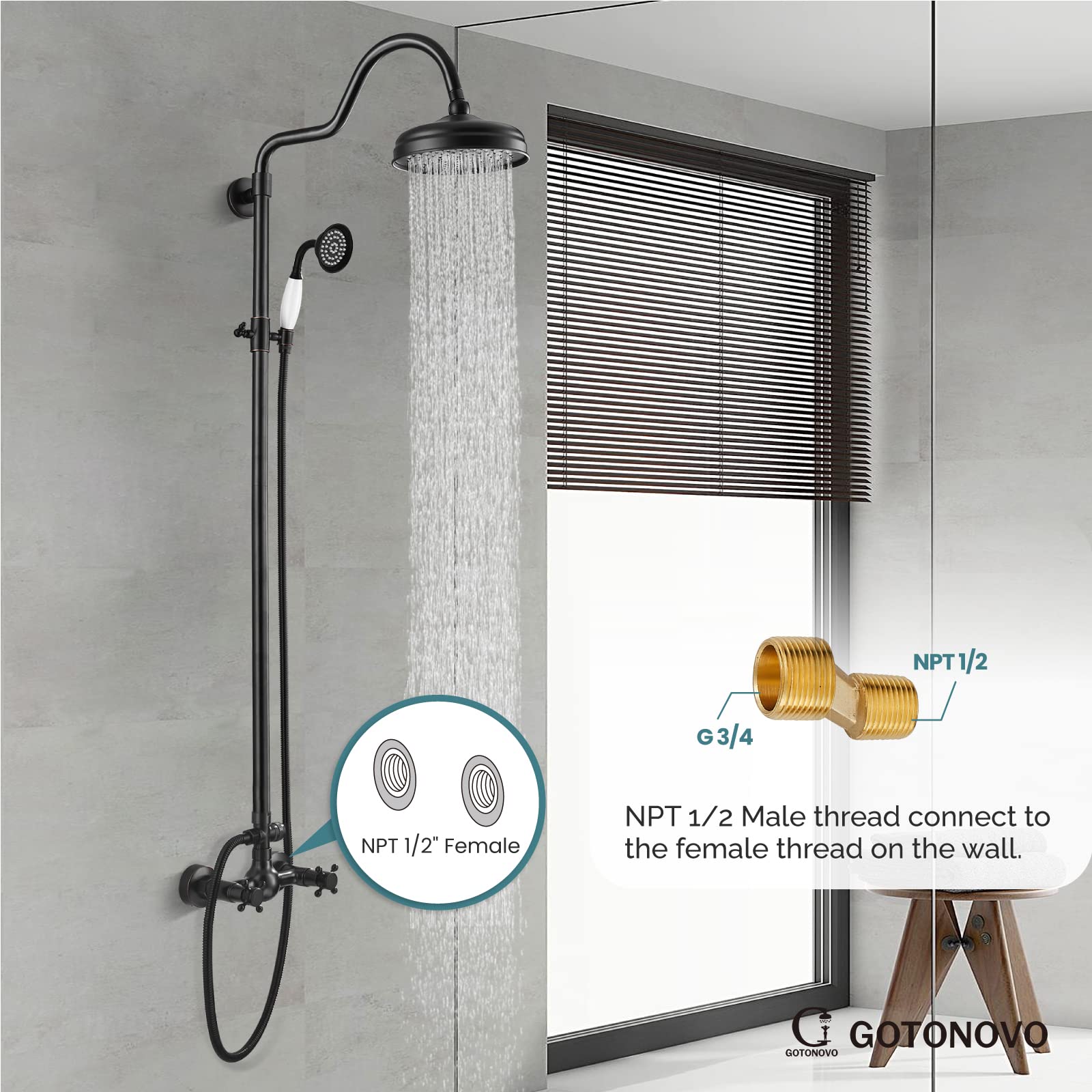Gotonovo Luxury 8-Inch Wall Mount Exposed Shower System - Oil Rubbed Bronze Rainfall Shower Head with Handheld Spray & Cross Double Handle Faucet, Adjustable Arc Rod for Modern Bathroom Remodel | Perfect for Master Bath, Spa-Like Shower Experience