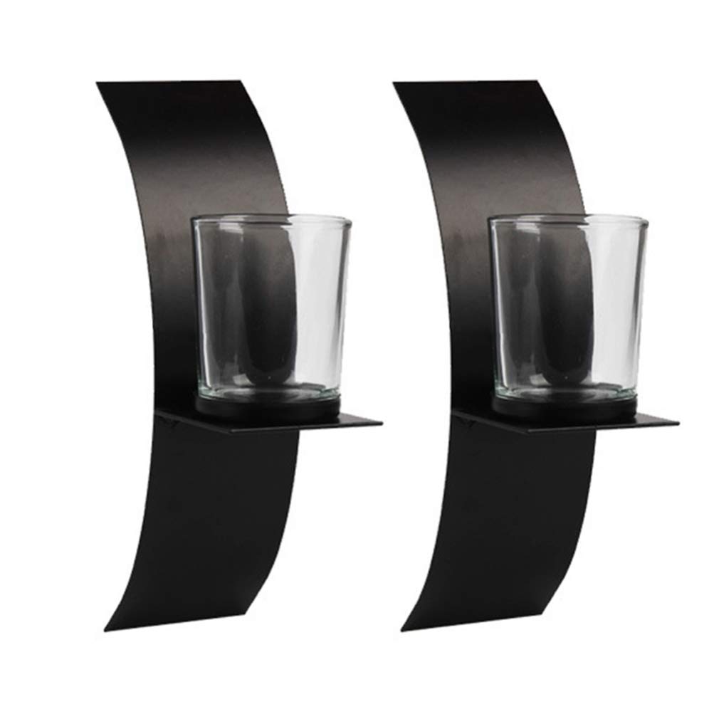 VOSAREA 2 Pack Black Metal Wall Mounted Candle Holder with Arc Glass Tray - Rustic Home Decor Shelf Bracket for Living Room, Bedroom, and Dining Room - Perfect for Tea Lights, Pillar Candles, and Decorative Display