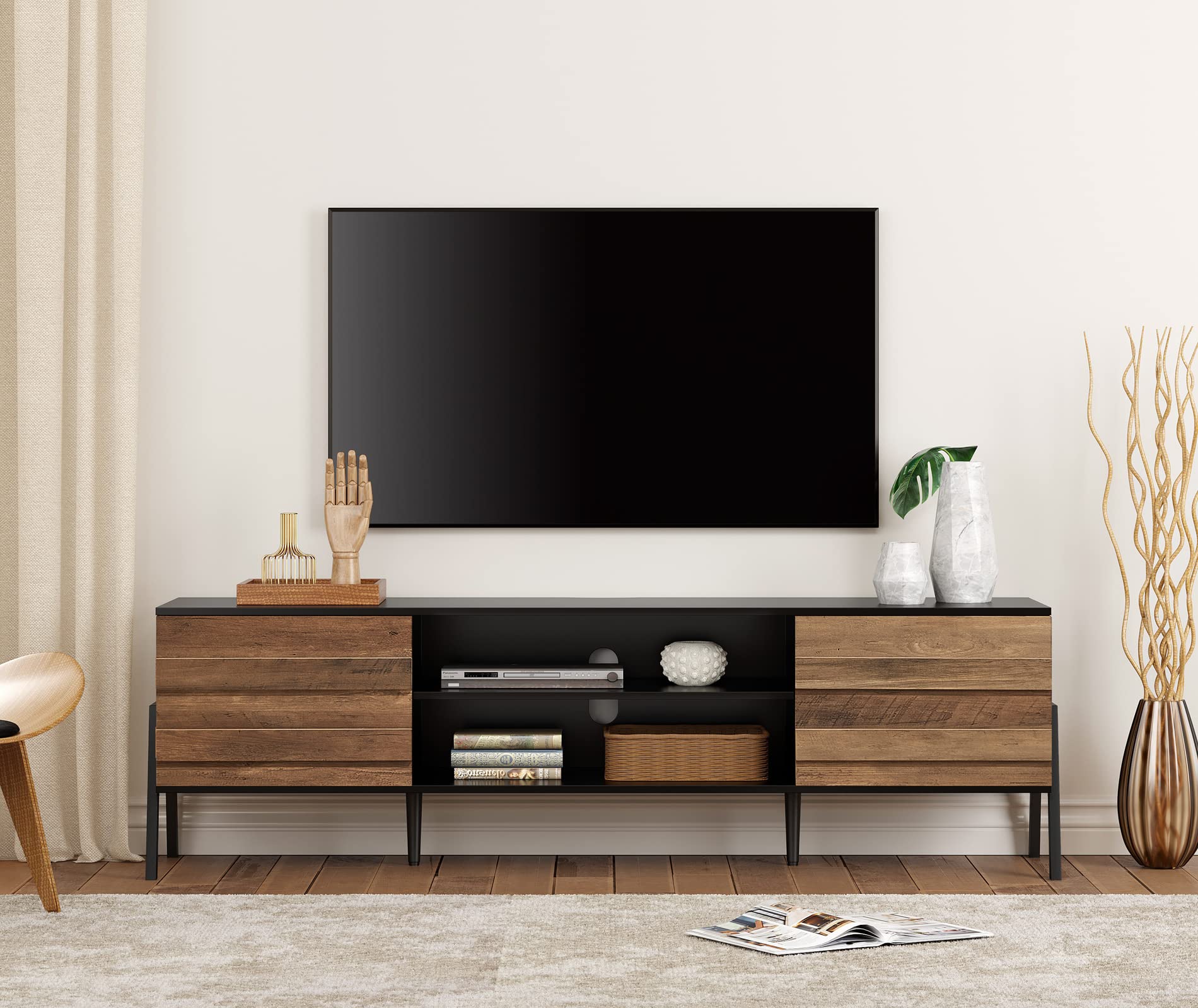 WAMPAT Mid-Century Modern TV Stand for 75+ Inch TVs - Retro Wood Entertainment Center with Storage Cabinet & Metal Legs - 70 Inch TV Console Table for Living Room & Bedroom (Black/Brown) - Perfect for Home Theater Setup & Stylish Living Spaces