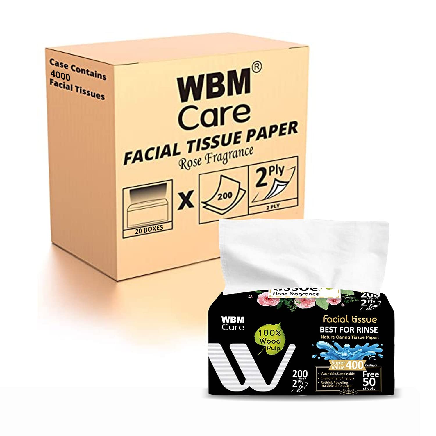Premium Rose Scented Facial Tissues - Ultra Soft 2-Ply, 200 Sheets per Box (20 Boxes, 4000 Tissues Total) | Floral Aromatherapy for Home, Office & Travel | Gentle for Sensitive Skin & Allergies