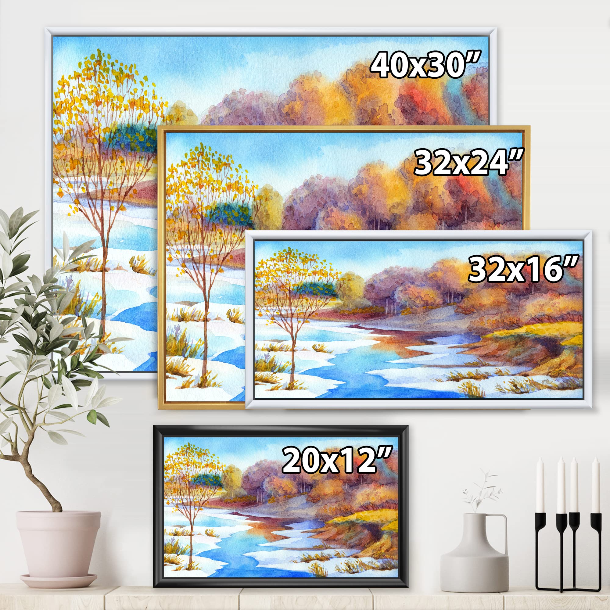 DesignQ Stream In Winter Forest Valley - Lake House Framed Canvas Wall Art Print for Living Room, Bedroom & Office Decor | Nature Landscape Painting for Home & Wall Decoration