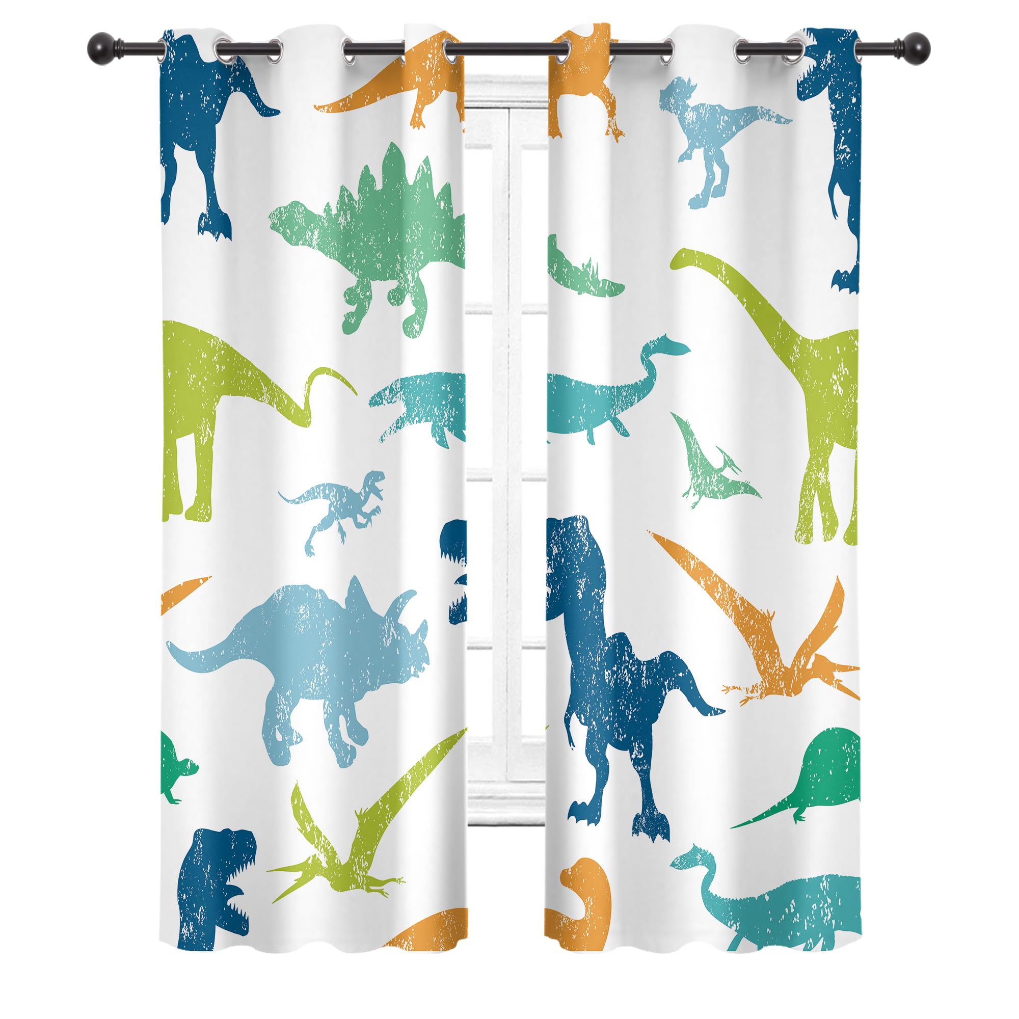 Dinosaur Blackout Curtains for Kids - 29W x 63L Inch Grommet Top 2 Panels, Cute Cartoon Dino Print Nursery & Bedroom Window Drapes | Fun Safari Animal Theme, Colorful Children's Room Decor for Better Sleep & Light Blocking