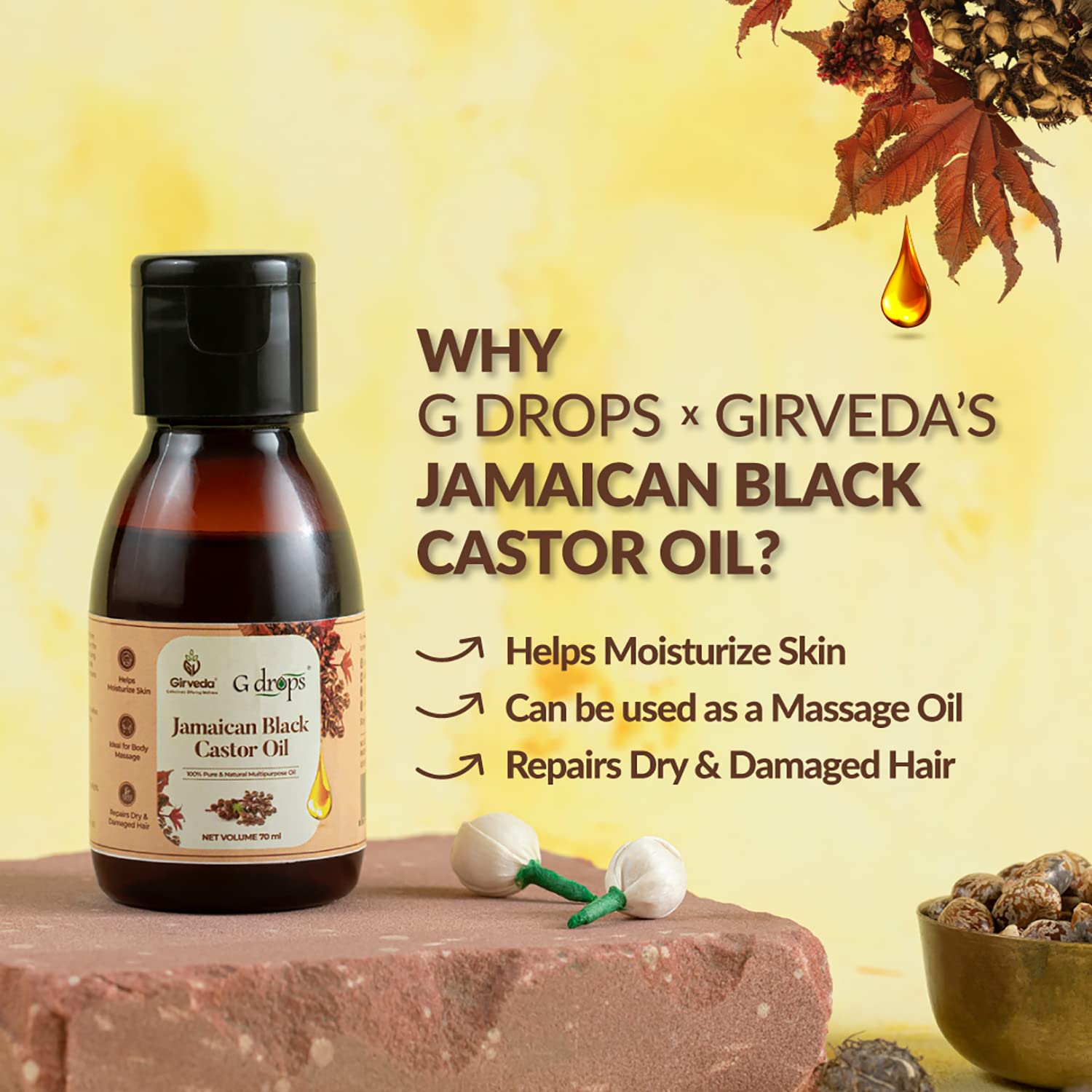 G Drops Jamaican Black Castor Oil for Hair Growth & Scalp Care - 70ml Natural Hair Treatment for Thicker, Stronger Hair - Perfect for Daily Use, Hair Masks & Styling