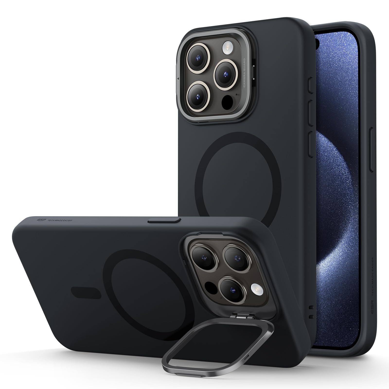 ESR for iPhone 15 Pro Max Case - MagSafe Silicone Stand Case with Military-Grade Protection & Built-in Camera Stash | Magnetic Phone Cover for iPhone 15 Pro Max (Cloud Series, Black) | Perfect for Work, Travel & Daily Use