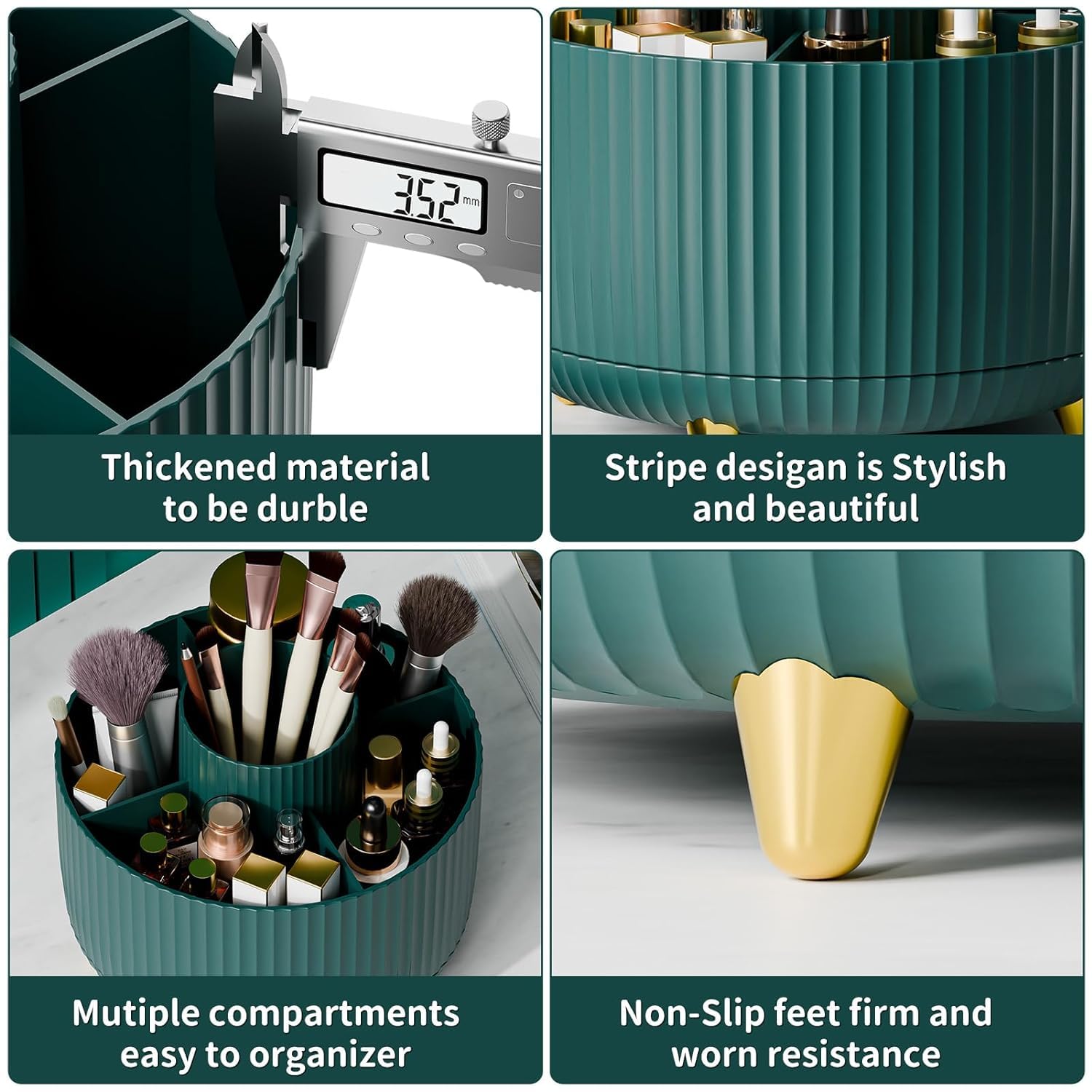INKULTURE 360° Rotating Makeup Brush Holder Organizer - Countertop Vanity Storage for Cosmetics, Skincare & Beauty Tools | Green Cosmetic Brush Stand for Bathroom, Dressing Table & Desktop | Perfect for Makeup Artists & Beauty Enthusiasts