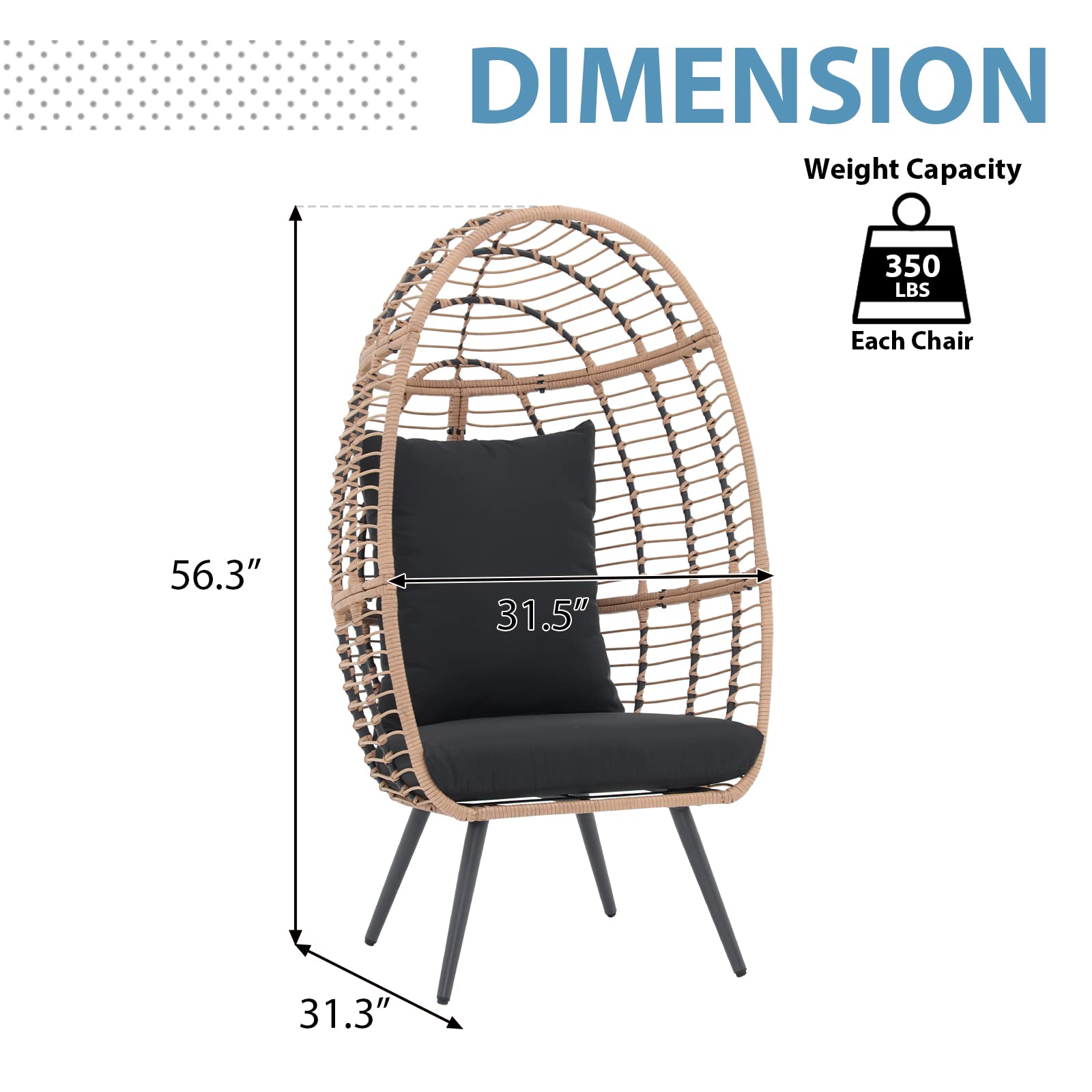 JOIVI Oversized Wicker Egg Chair - Indoor/Outdoor Rattan Hanging Lounger with Stand & Cushions - Patio, Porch, Backyard, Living Room, Balcony Furniture - Perfect for Relaxing, Reading & Sunbathing (Beige Rattan, Black Cushion)