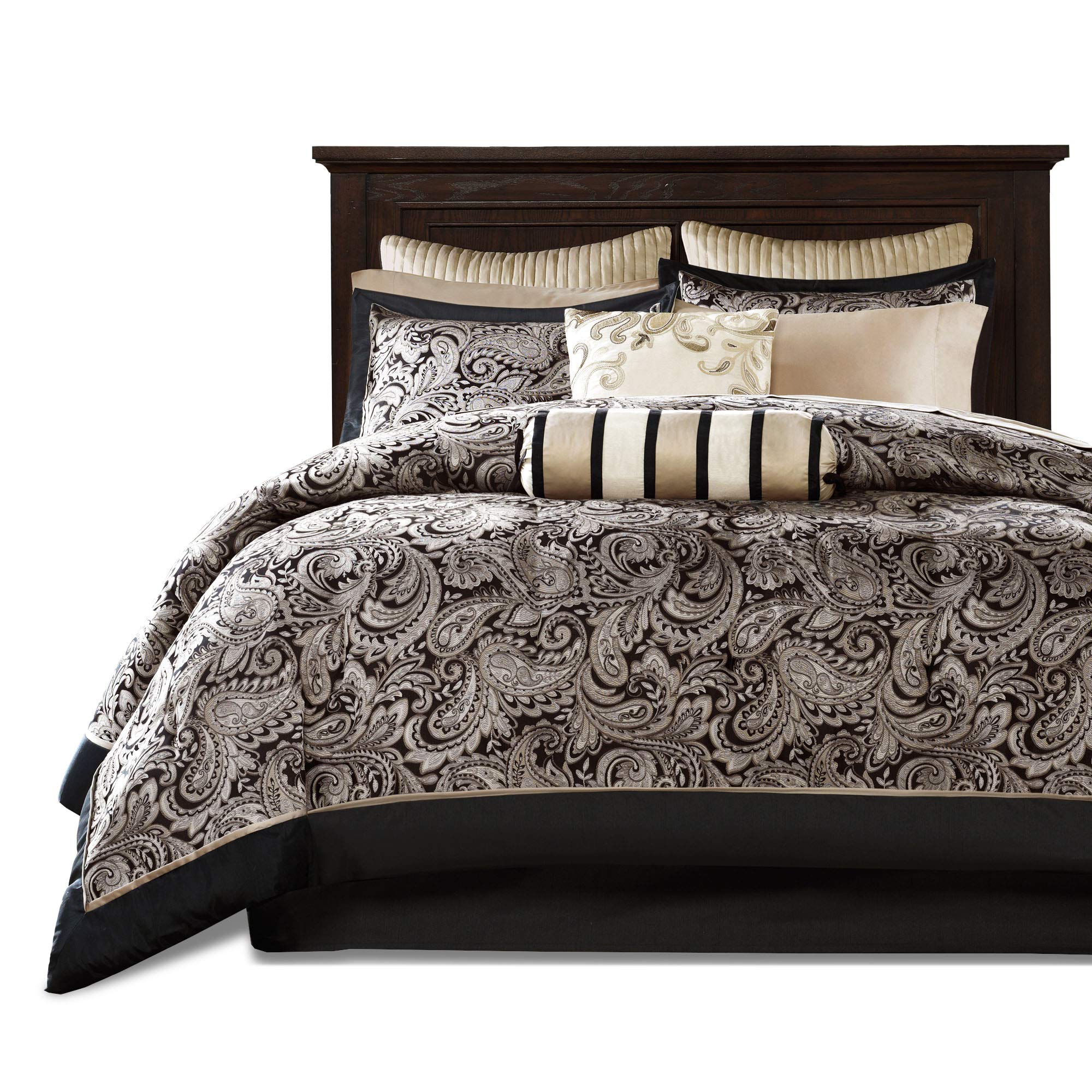 Madison Park Aubrey Cozy Comforter Set - Faux Silk Jacquard Paisley Design, All Season Down Alternative Bedding with Cotton Sheets, Bed Skirt & Pillows, Full Size 12-Piece Set in Black - Perfect for Master Bedroom, Guest Room & Cozy Home Decor