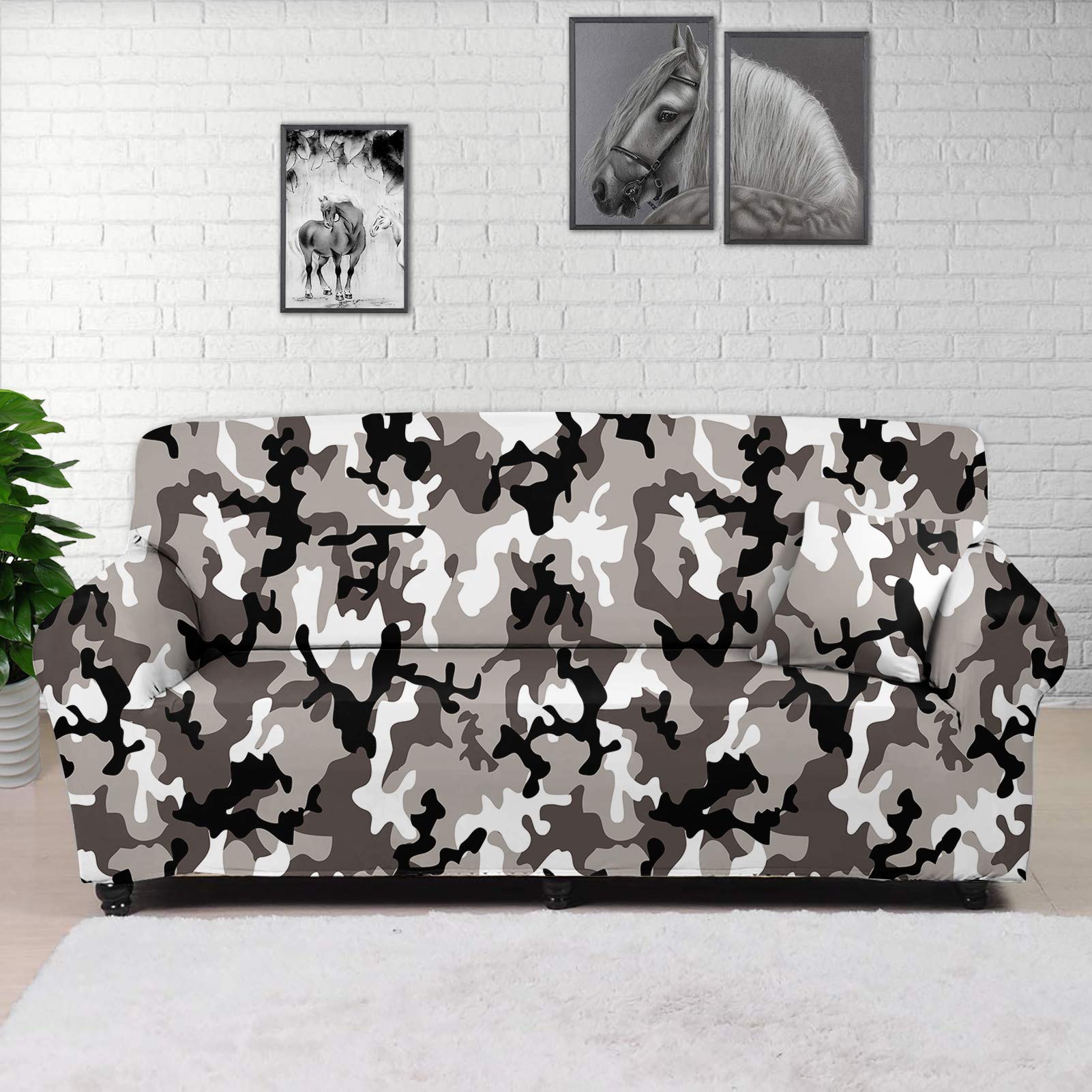 FUSURIRE Stretch Sofa Cover for 3-Cushion Couches - Camouflage Grey Washable Elastic Slipcover - Furniture Protector for Living Room Decor | Perfect for Pets, Kids & Everyday Use