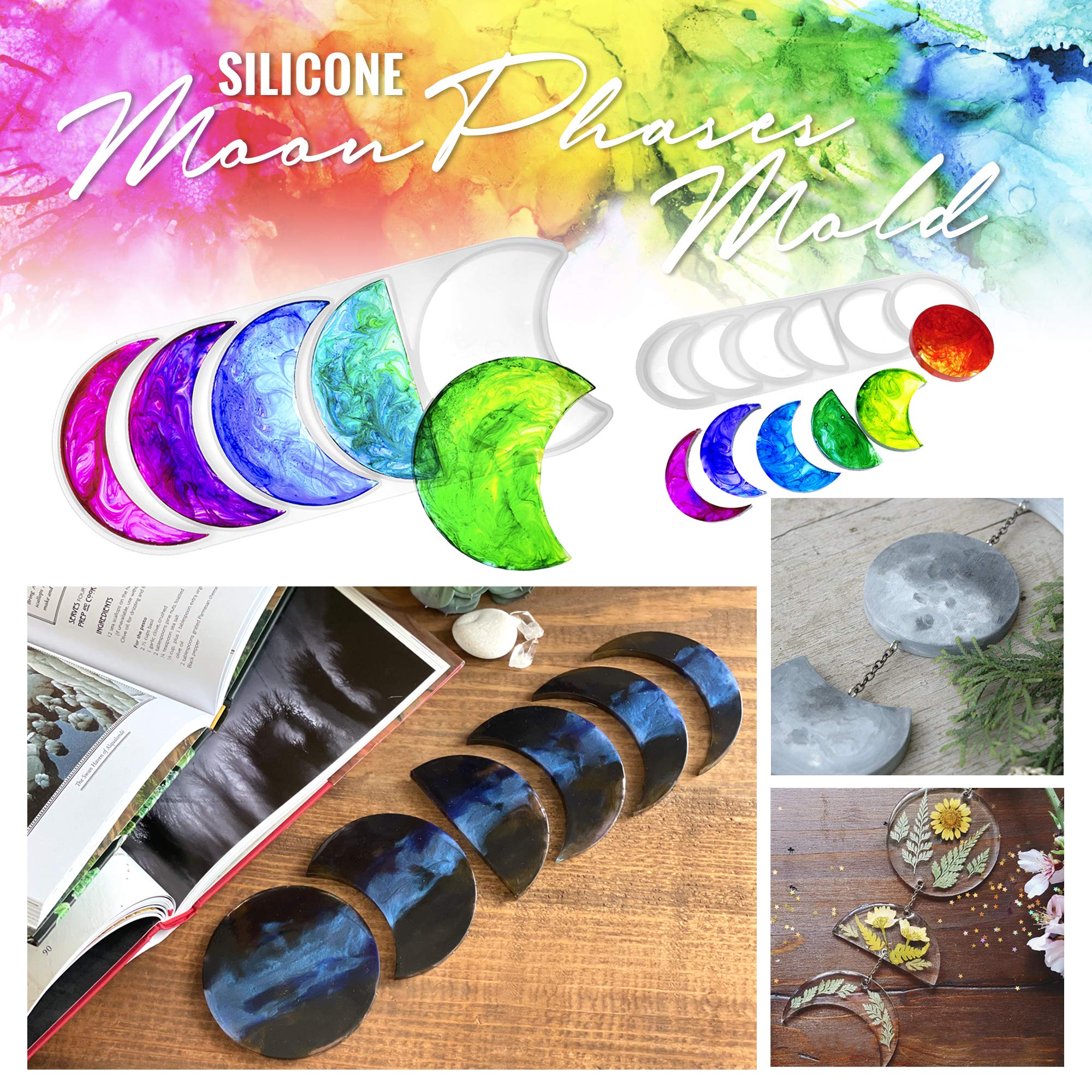 Pixiss Moon Phase Resin Epoxy Molds - Silicone Crescent & Full Moon Molds Set (2 Sizes) for DIY Wall Hanging Decor, Resin Art, Jewelry Making - Perfect for Home Decor, Gifts & Craft Projects