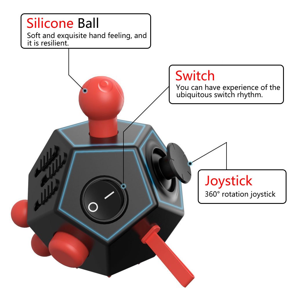 12-Sided Fidget Cube Stress Relief Toy for Anxiety & ADHD - Sensory Therapy for Autism, OCD, ADD - Calming Desk Toy for Kids & Adults (Black/Red) - Perfect for Office, School & Travel Stress Management