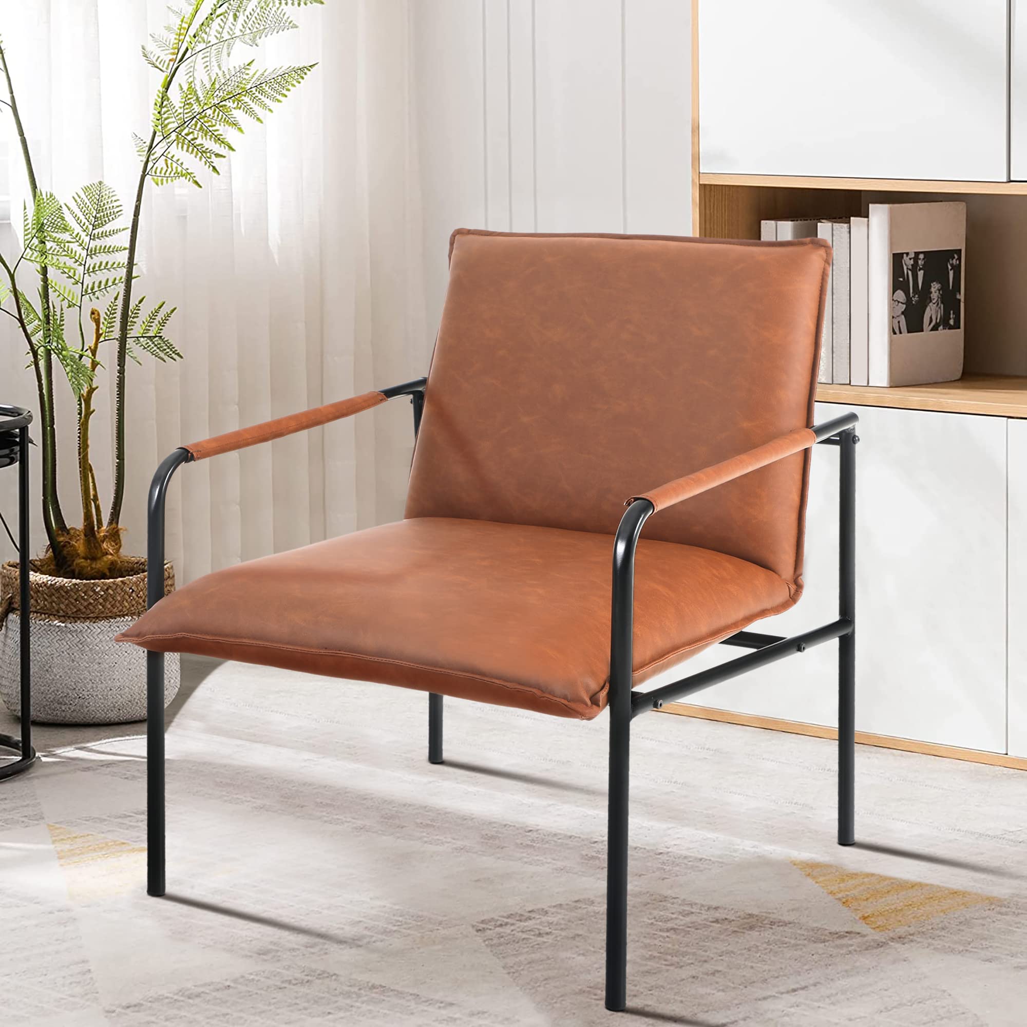 MAISON ARTS Mid Century Modern Faux Leather Accent Lounge Chair - Retro Steel Frame Armchair for Living Room, Bedroom & Office - 350LBS Weight Capacity - Pale Brown - Perfect for Small Spaces, Reading Nooks & Cozy Home Decor