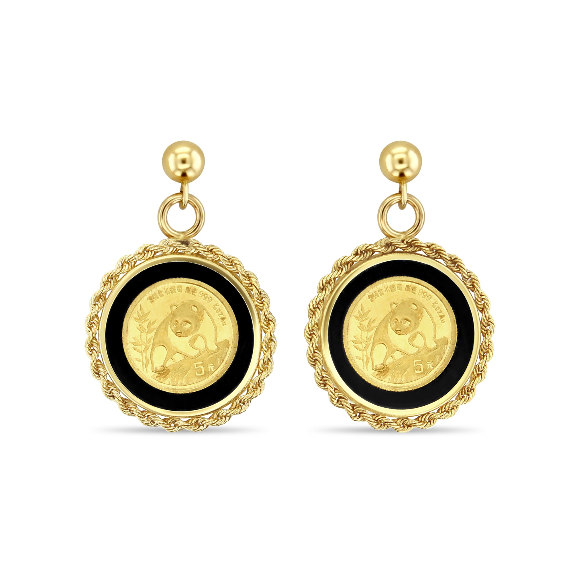 1/20 oz 24K Gold Panda Coin Onyx Bezel Drop Earrings - Elegant Jewelry Gift for Women, Perfect for Parties & Special Occasions