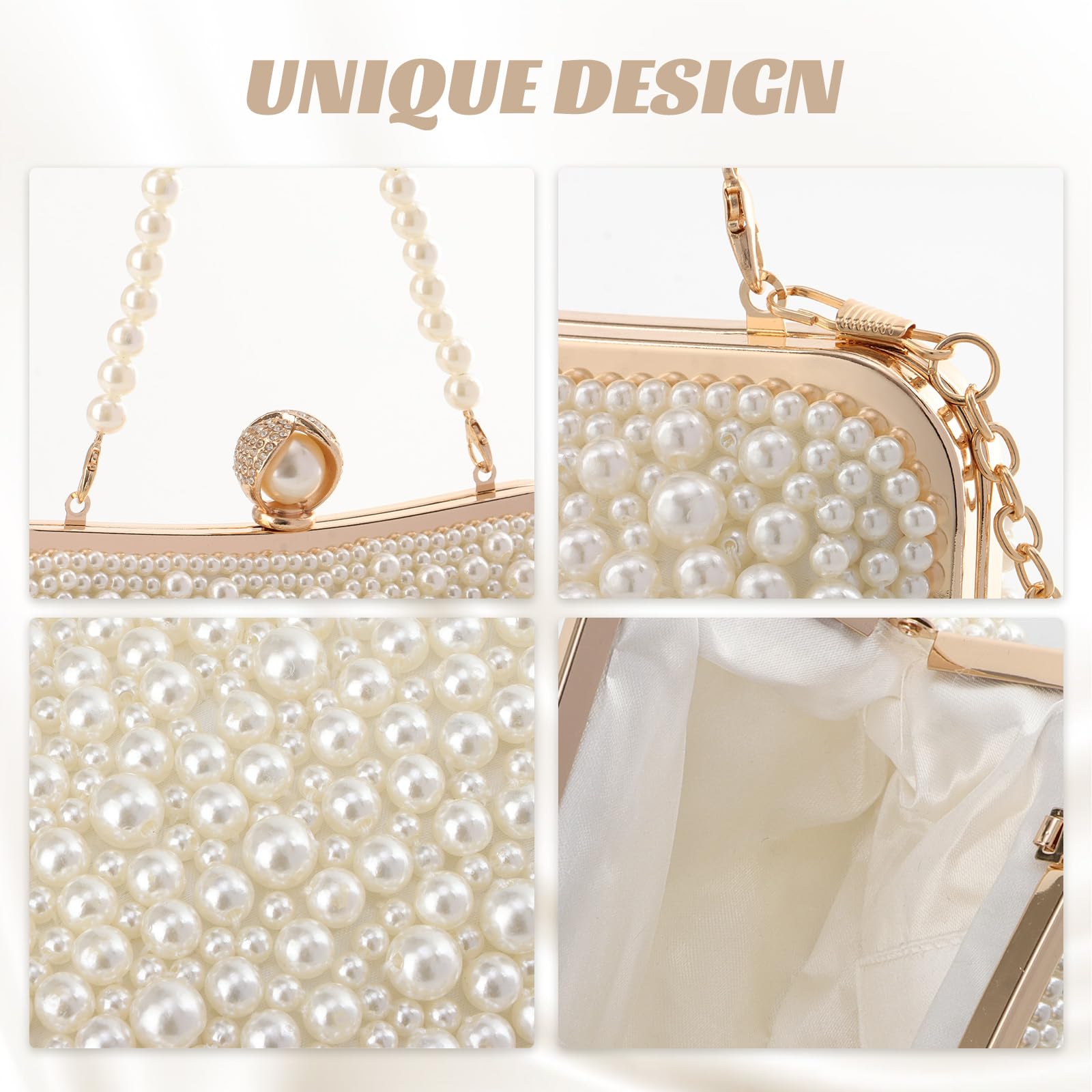 Pearl Clutch Purse for Women - Crystal Beaded Evening Bag with Chain for Wedding & Party