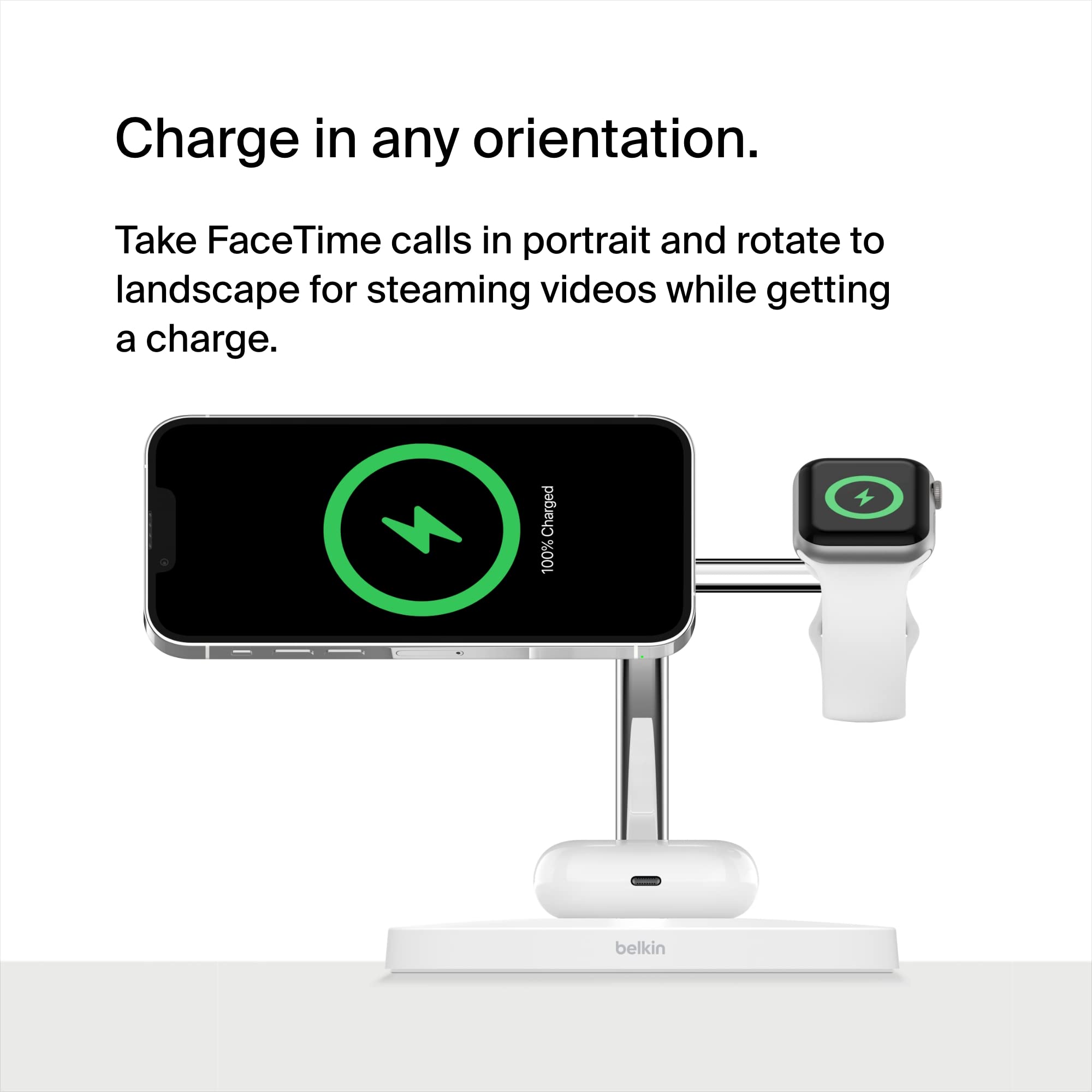 Belkin MagSafe 3-in-1 Wireless Charging Station - 15W Fast Charger for iPhone 16/15/14/13/12 Series, Apple Watch 10/9/8/SE/Ultra & AirPods - White | Perfect for Bedside, Office Desk & Travel Charging