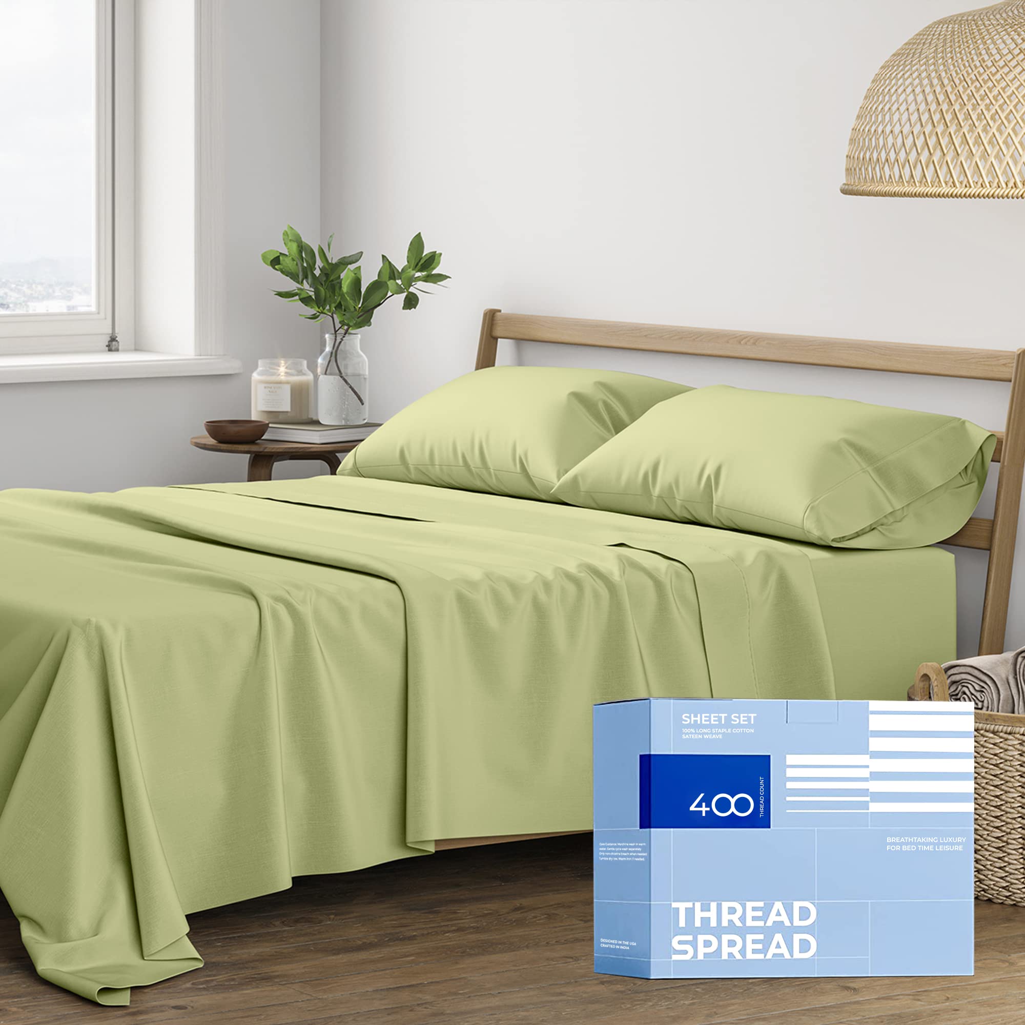 THREAD SPREAD Twin XL Sheet Set - 400 Thread Count 100% Cotton Cooling Sateen Sheets, 3-Piece Luxury Twin XL Bedding for Dorm Room & Guest Bed (Sage Green) | Ultra Soft Breathable Long Staple Cotton for Year-Round Comfort