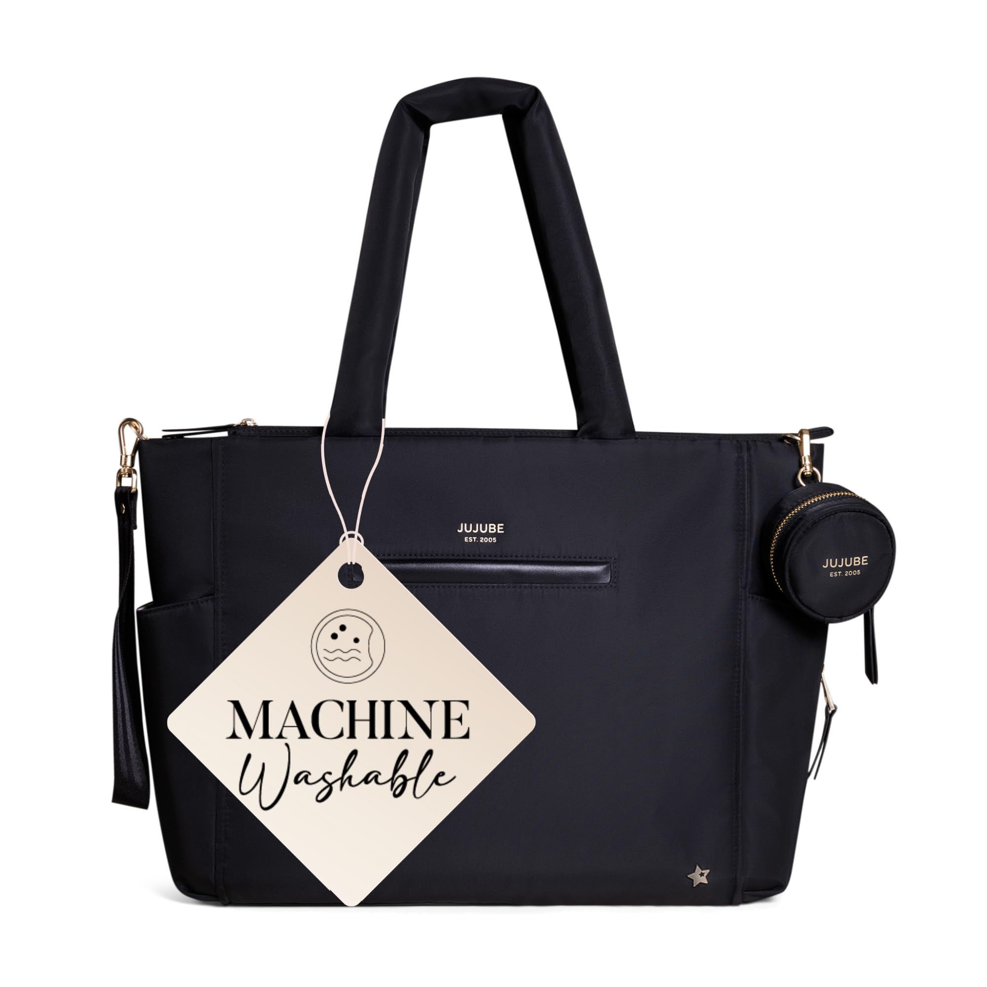 Premium Jujube Utility-Strap Tote Bag - Large Diaper Bag with Portable Changing Pad | Travel & Baby Essentials Organizer for Boys & Girls | Holds Bottles, Wipes, Diapers & Pacifiers | Perfect for Daycare, Travel & On-the-Go Parents (Black)