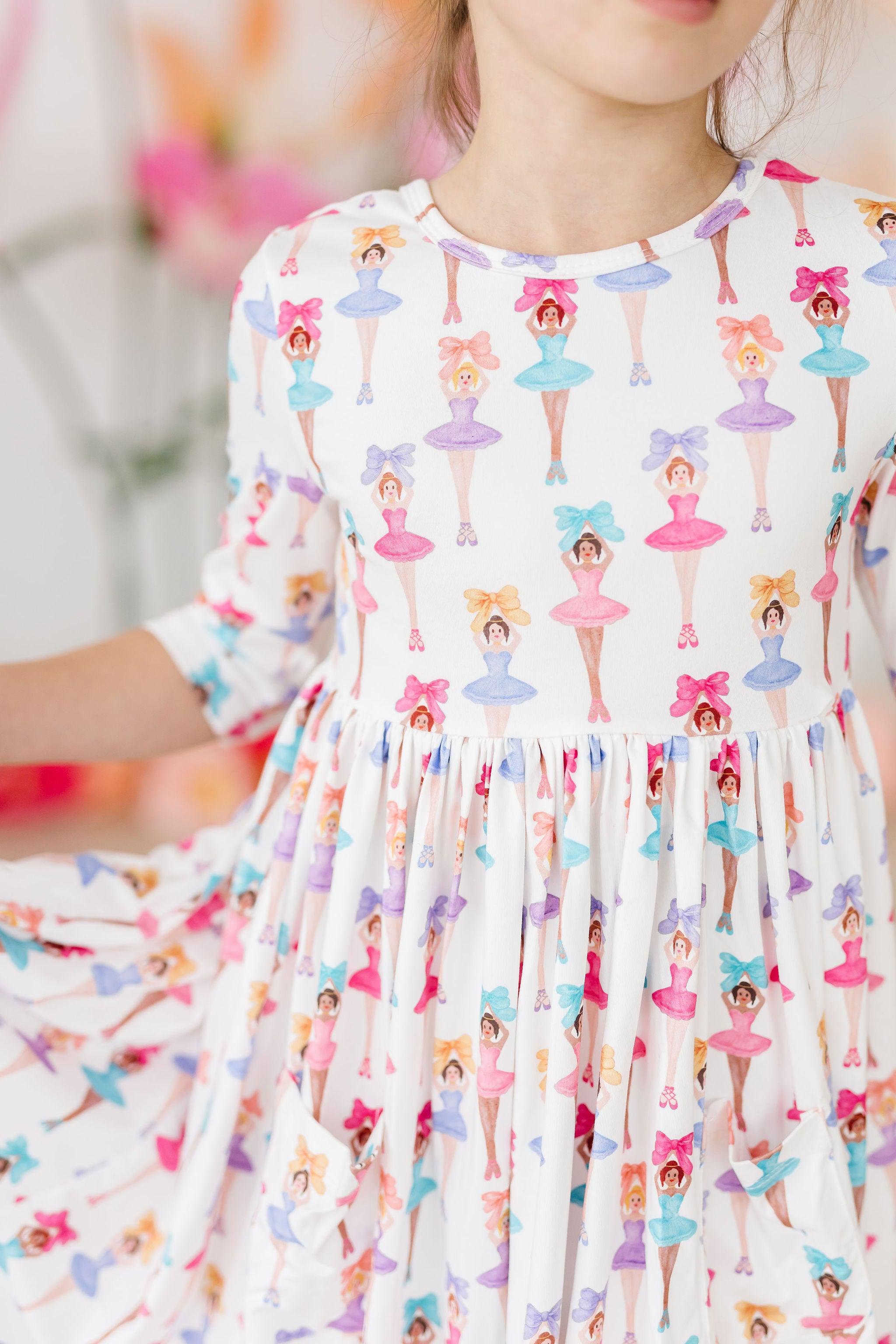 Elegant Ballerina Bows 3/4 Sleeve Twirl Dress with Pockets - Perfect for Ballet Recitals, Tea Parties & Special Occasions