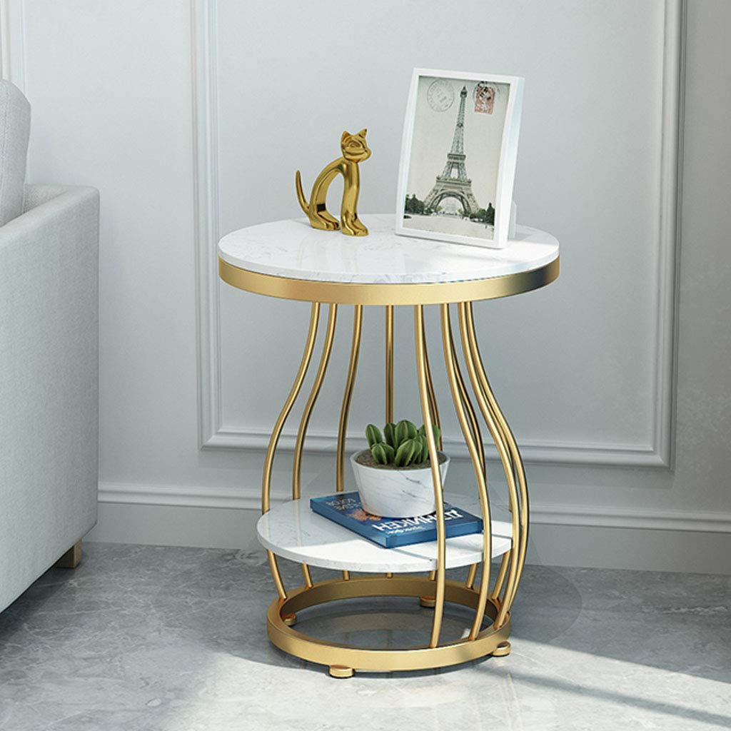 White Marble Coffee Table with Storage Shelf - 2-Tier Modern Side Table for Living Room, Bedroom, Office & Balcony - Elegant Console & End Table with Storage Space for Home Decor & Organization