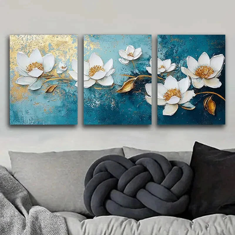 3-Piece White Flowers on Blue Background Metal Wall Art - Ready to Hang Canvas Prints for Living Room, Bedroom & Office Decor