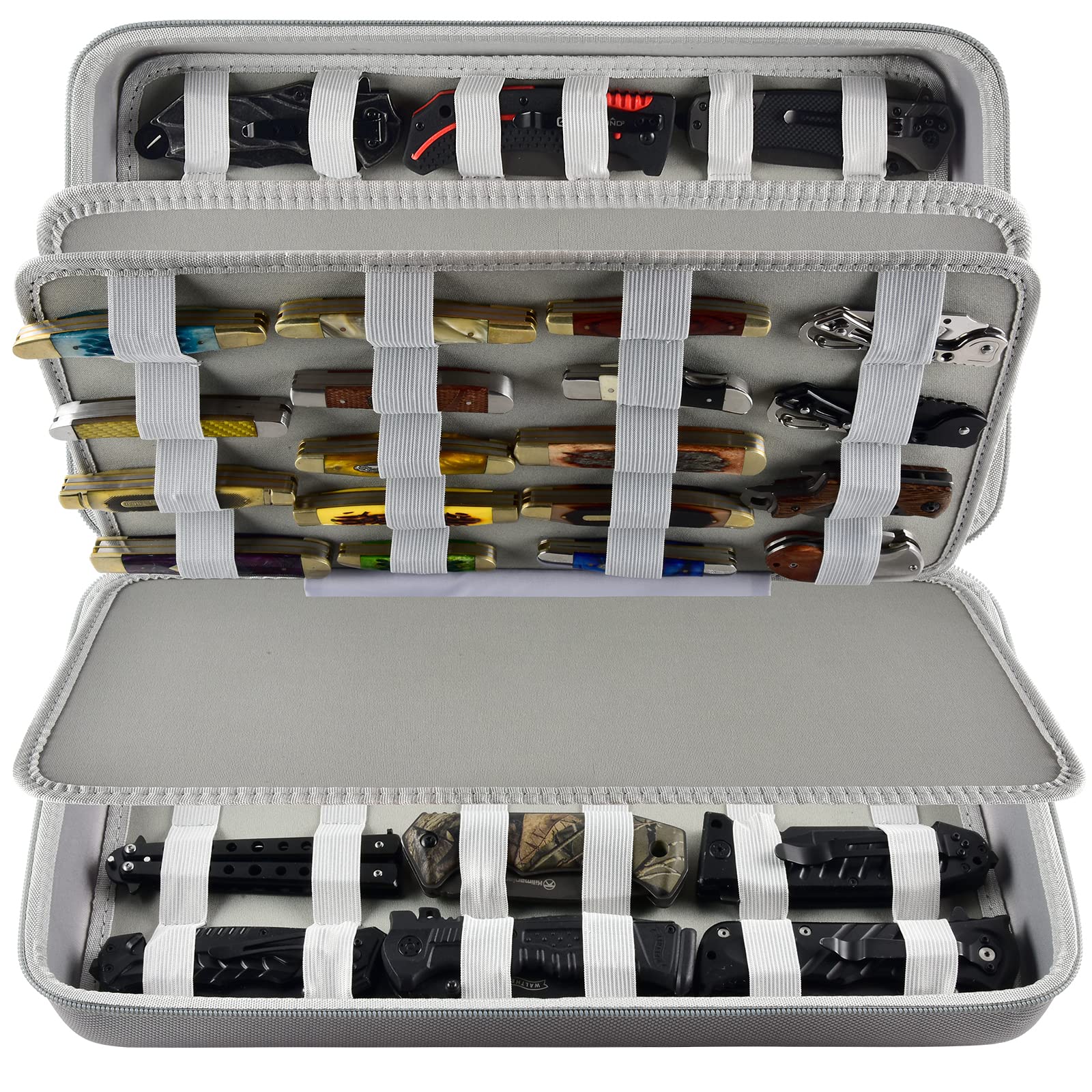 66+ Pocket Knives Display Case - Folding Knife Holder & Butterfly Knife Storage Organizer | Tactical Knife Roll Collection Pouch for EDC, Survival & Outdoor Use | Compact Grey Knife Carrier Bag for Collectors & Enthusiasts