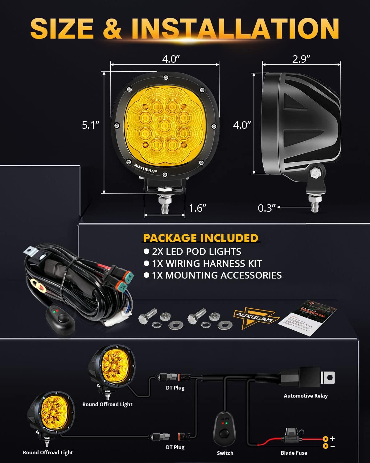 Auxbeam 4 Inch 90W Amber LED Fog Lights - 9000LM Yellow Flood Lights, Round Offroad LED Pods for Trucks, ATV, Motorcycle, Boat & Jeep - Perfect for Night Driving, Off-Road Adventures & Foggy Conditions