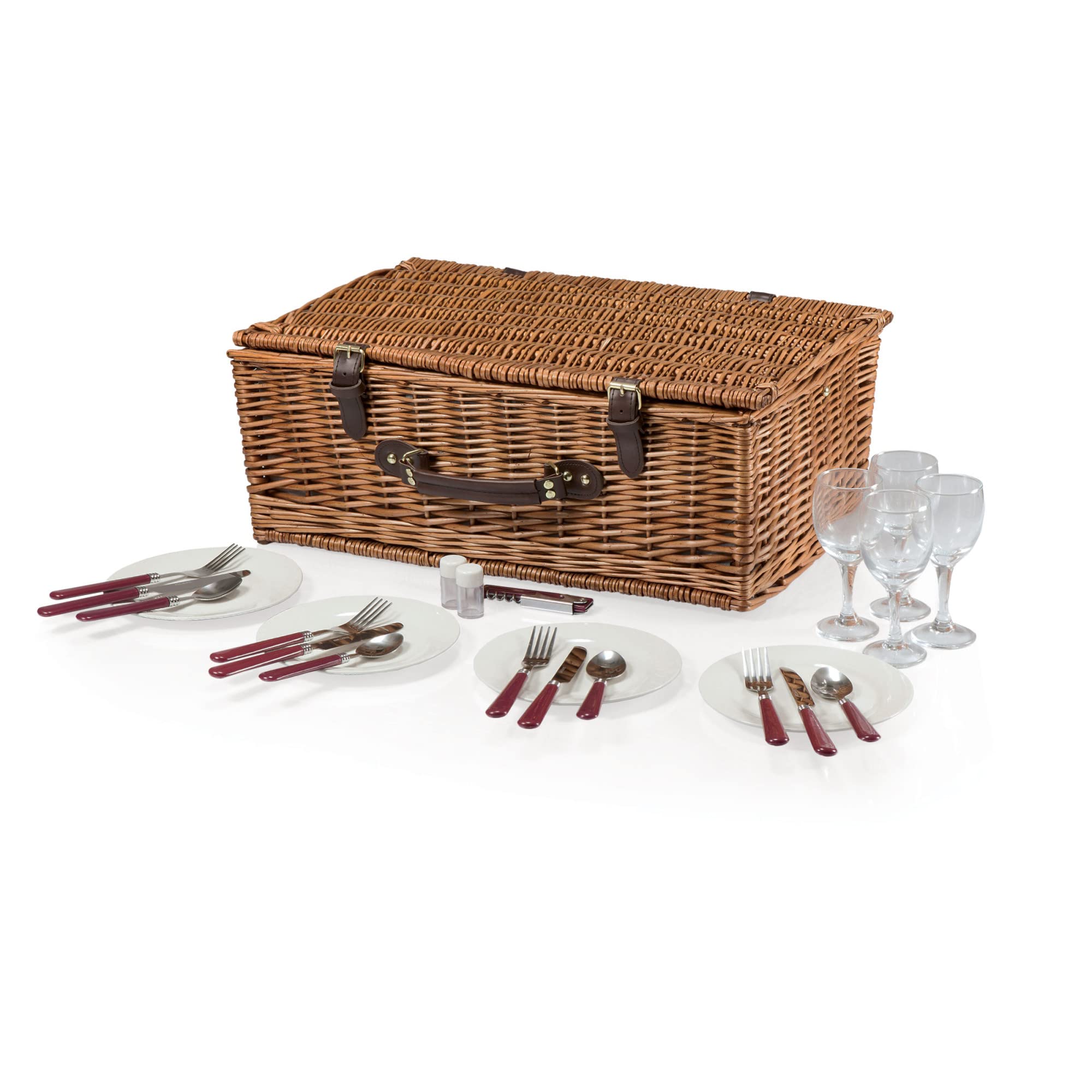 **PICNIC TIME Newbury Wicker Picnic Basket Set for 4 Persons – Navy Blue & Burgundy Plaid – Outdoor Picnics, Beach Trips & Romantic Dates**