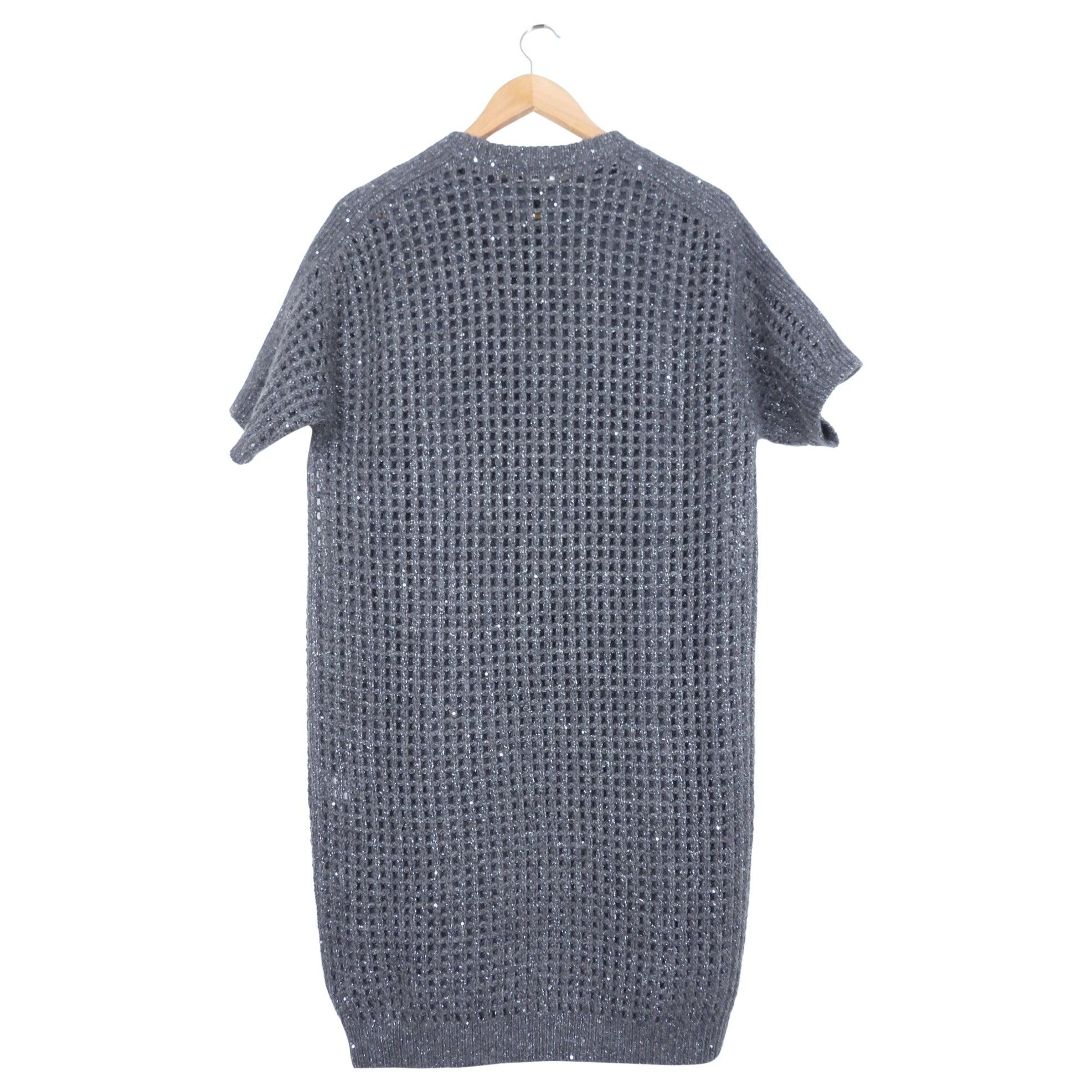 Brunello Cucinelli Charcoal Grey Wool Blend Sequin Knit Mesh Dress - Elegant Evening Wear for Parties & Special Occasions