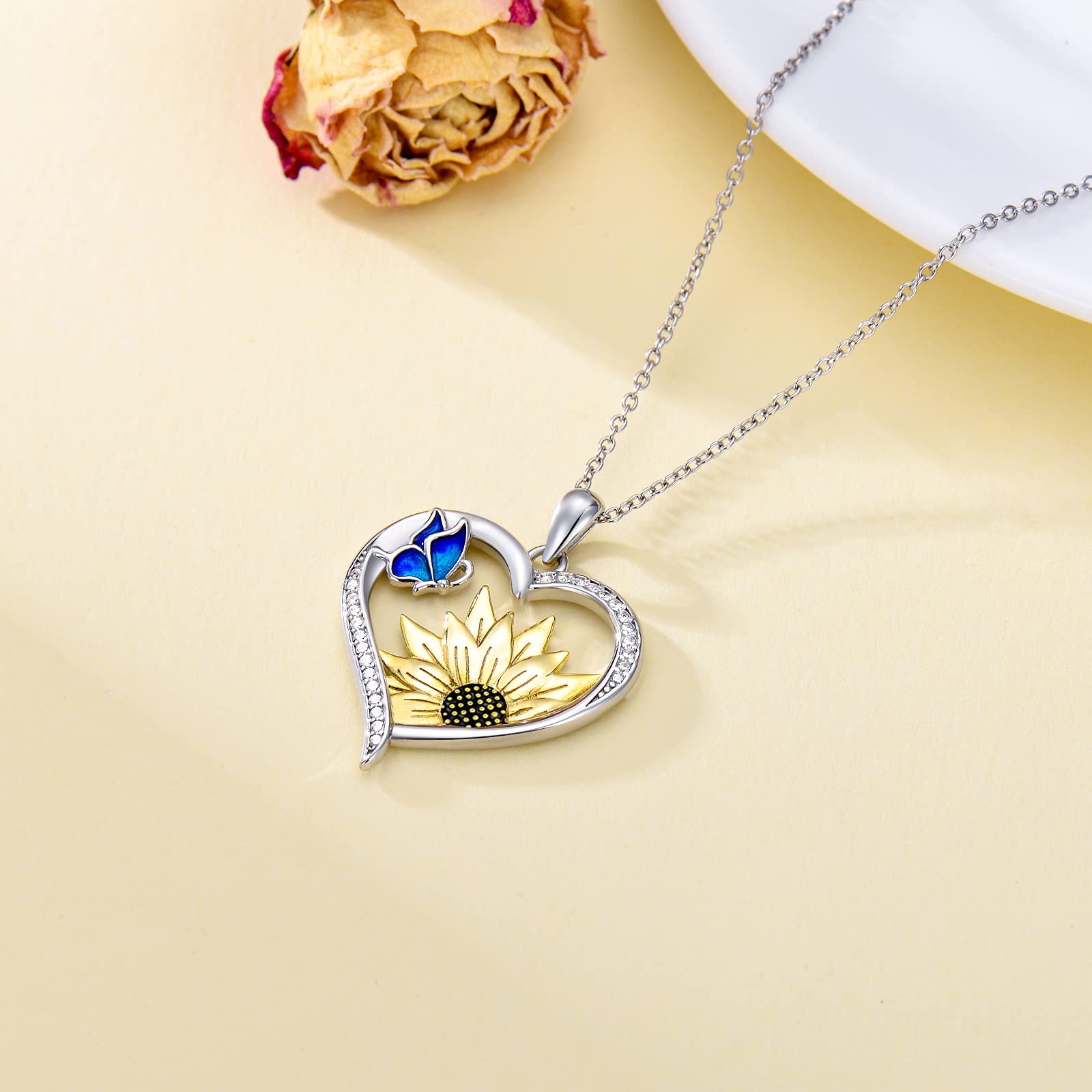 Blue Butterfly Sunflower Teardrop Necklace - Sterling Silver Floral Pendant Jewelry for Women - Perfect for Weddings, Anniversaries & Everyday Elegance