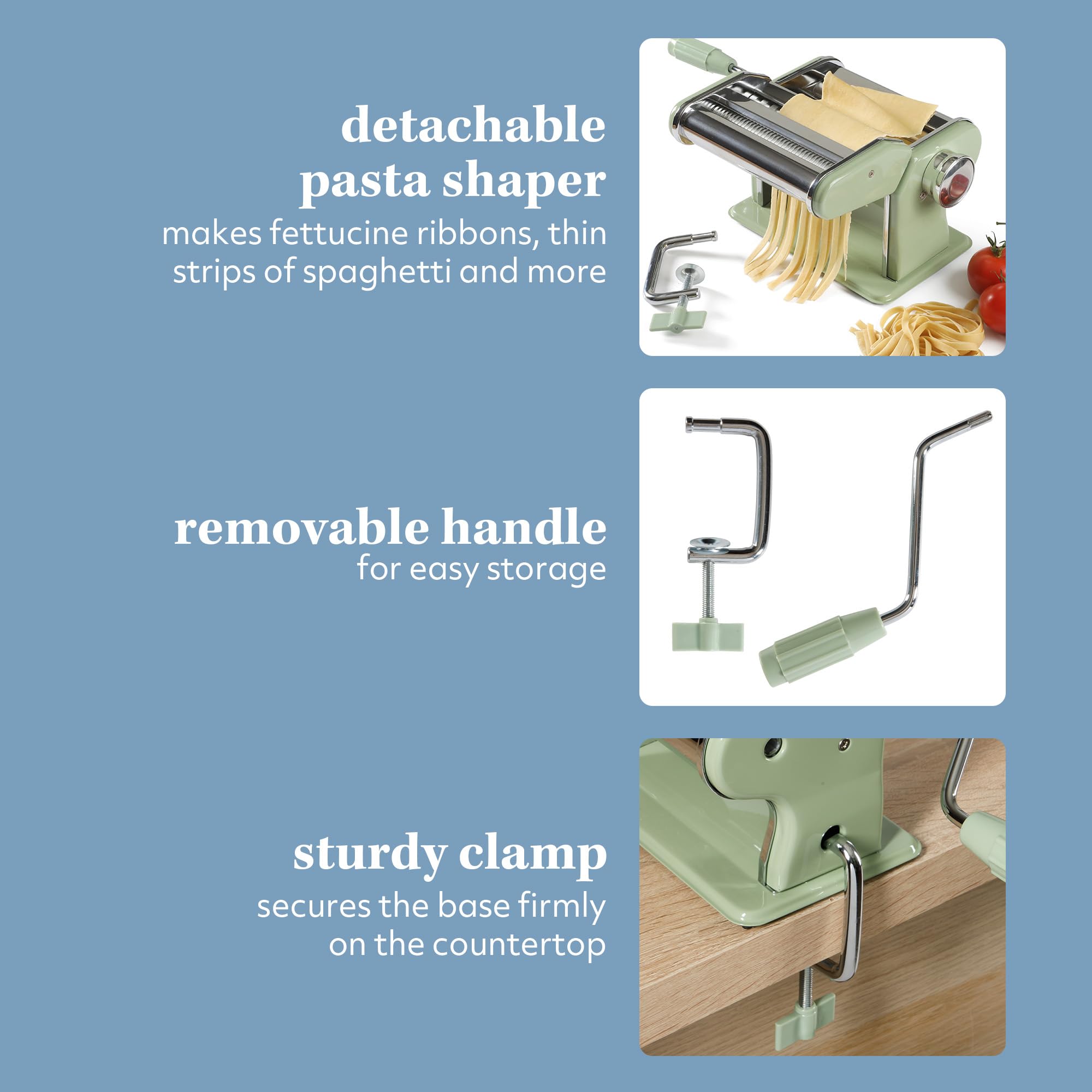 Sur La Table Manual Pasta Maker Machine - Stainless Steel & Juniper Green Noodle Maker with Rollers & Cutters for Spaghetti, Fettuccini, Lasagna & Dumpling Skins | Perfect for Home Cooking, Italian Cuisine & Family Meal Preparation