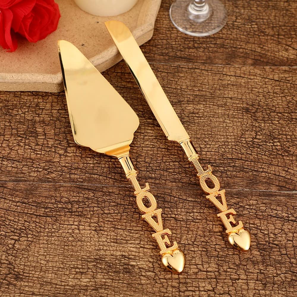 2-Piece European Style Gold Cake Knife and Spatula Set - Elegant Wedding & Banquet Serving Utensils for Cakes, Pies, Pizza - Perfect for Parties, Catering & Home Baking (4-Piece)