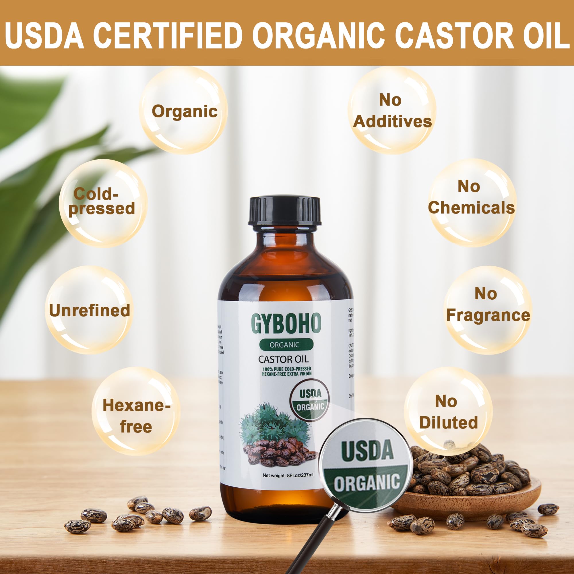 Organic Cold Pressed Unrefined Castor Oil in Glass Bottle with Organic Cotton Wrap Pack - Pure Hair Growth, Skin Care & Pain Relief for Stomach, Neck, Abdomen, Knee & Arm - Perfect for Massage, Aromatherapy & Natural Healing