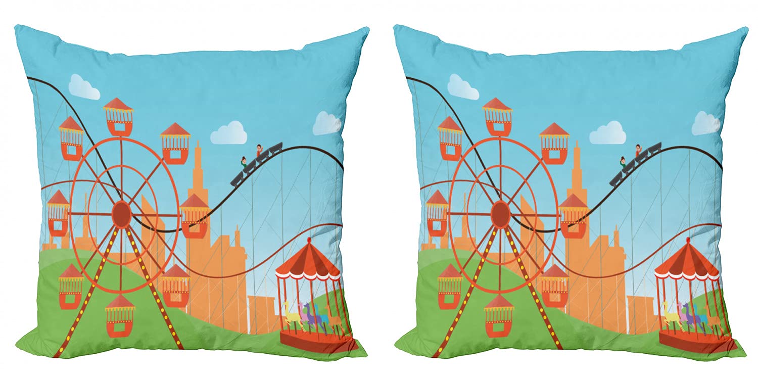 Ambesonne Ferris Wheel Throw Pillow Covers (Pack of 2) - 16 Inch Colorful Carnival Theme Cushion Covers with Zipper, Double-Sided Digital Print for Sofa, Bed & Home Decor - Perfect for Living Room, Bedroom & Dorm