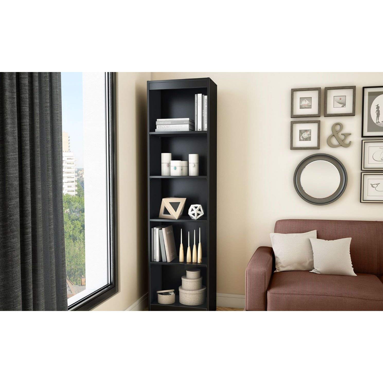 FastFurnishings 5-Tier Narrow Bookcase with Black Finish - Perfect for Small Spaces, Home Office & Bedroom Storage