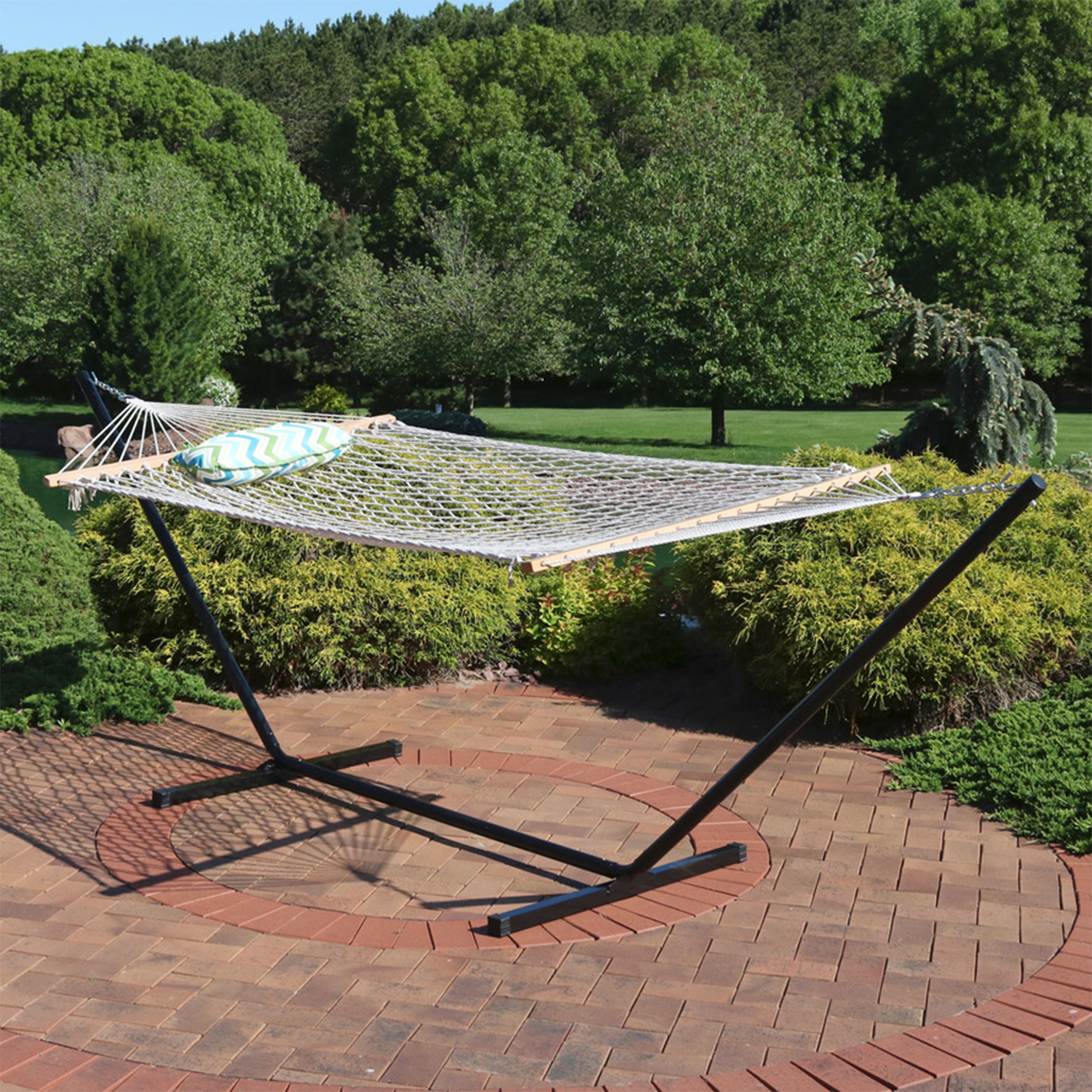 Premium Sunnydaze Rope Hammock with 12-Foot Steel Stand, Comfortable Pad & Pillow - Perfect for Backyard Relaxation, Beach Lounging & Outdoor Camping